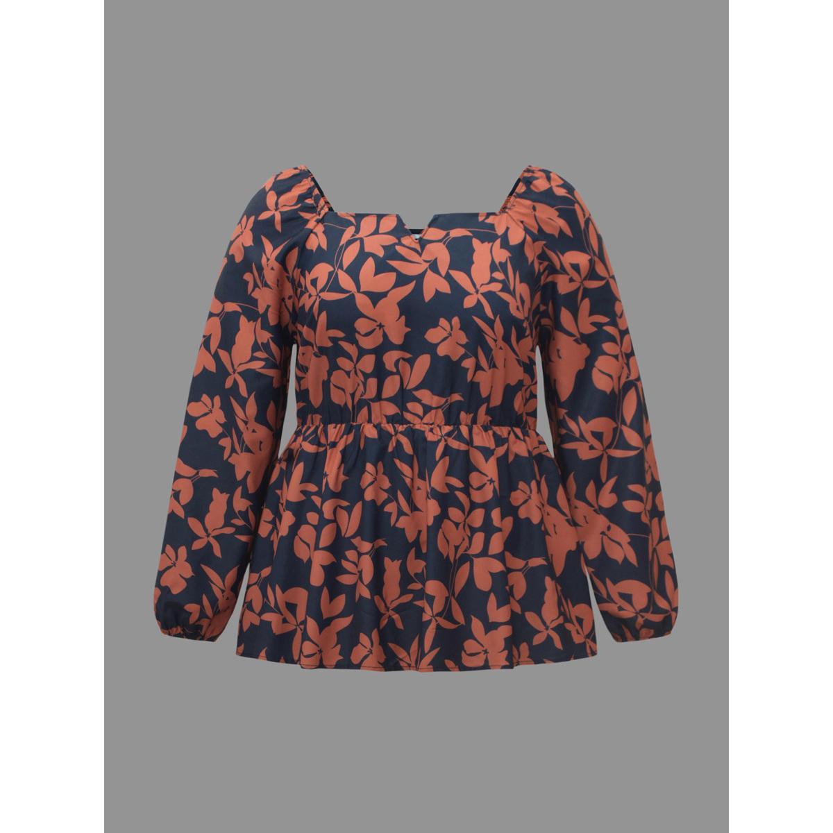 Plus Size Indigo Notched Silhouette Floral Print Lantern Sleeve Blouse Women Elegant Long Sleeve Notched collar Everyday Blouses BloomChic 12/L Product Image