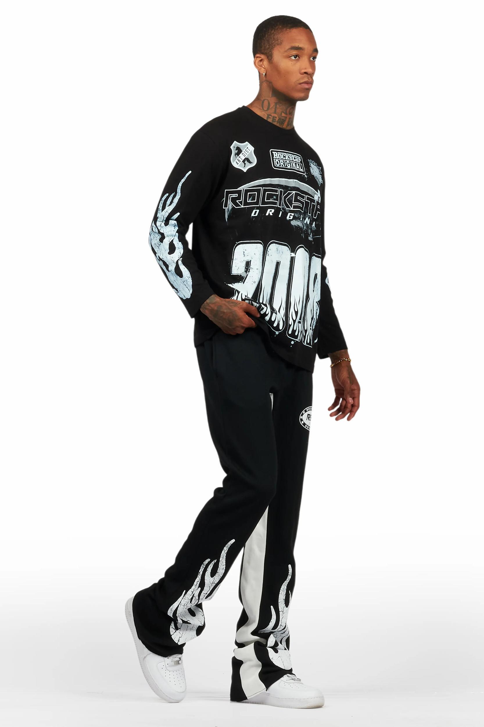 Amos Black/White Long Sleeve T-Shirt/Stacked Baggy Pant Set Male Product Image