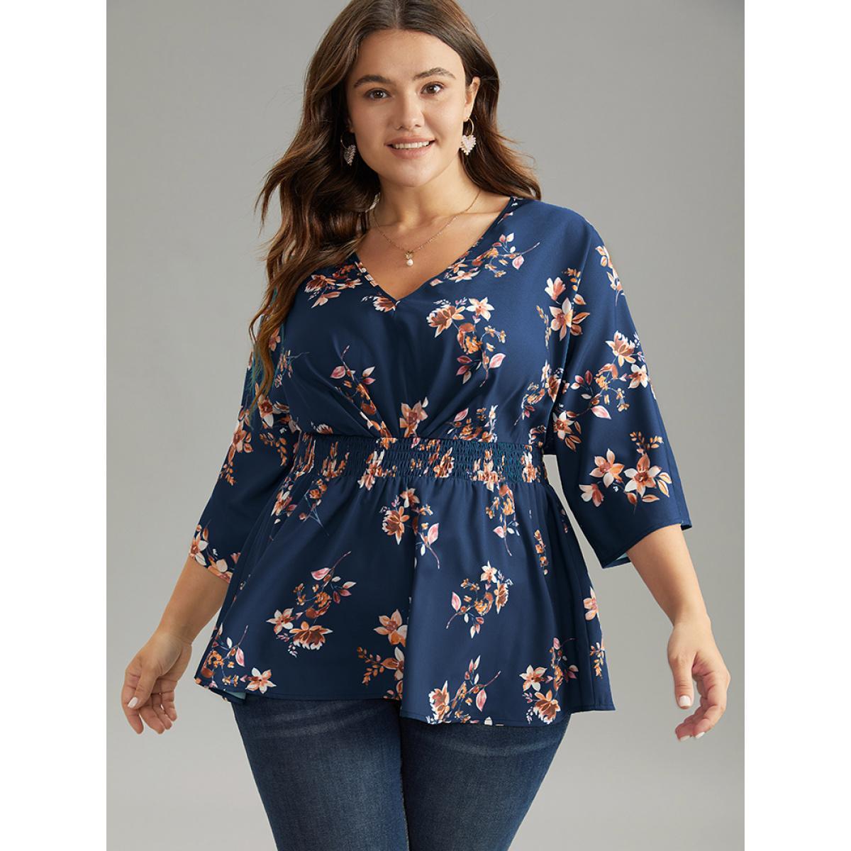 Plus Size Indigo Floral Print Shirred Plicated Detail Blouse Women Elegant Elbow-length sleeve V-neck Dailywear Blouses BloomChic 28/5X Product Image