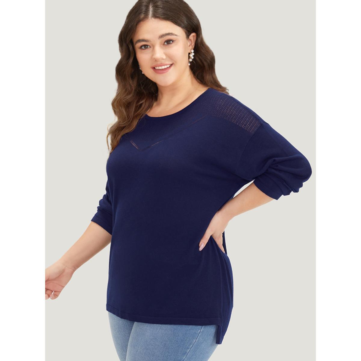 Plus Size Supersoft Essentials Solid Split Side Patchwork Pullover Indigo Women Casual Long Sleeve Round Neck Dailywear Pullovers BloomChic 10/M Product Image