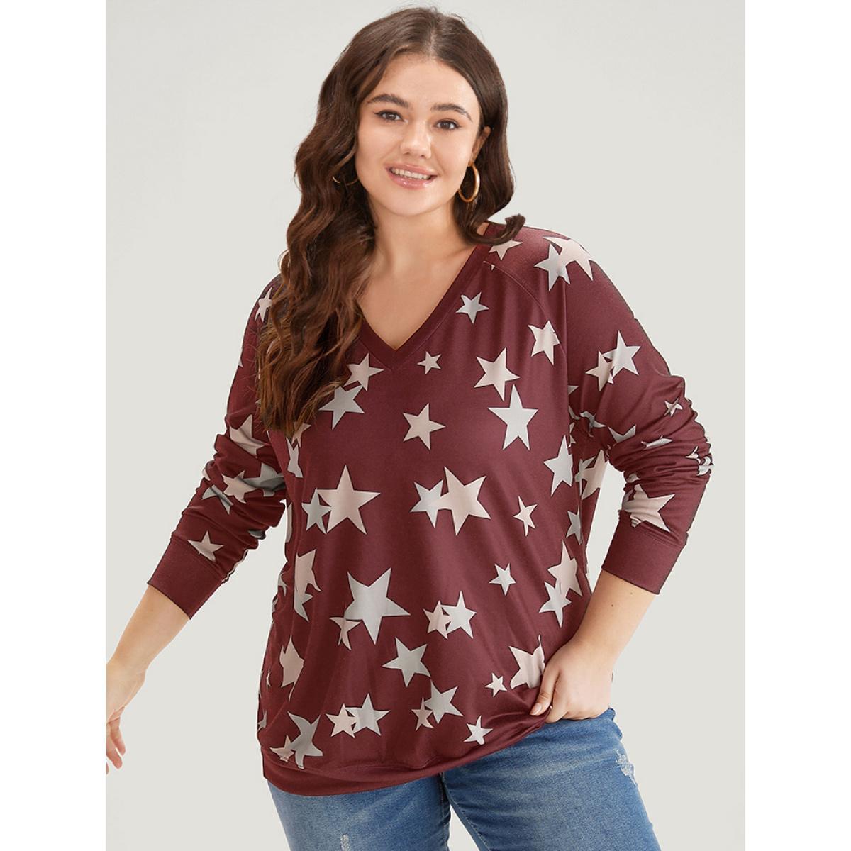 Plus Size Star Print V Neck Raglan Sleeve Sweatshirt Women Raspberry Elegant Elastic cuffs V-neck Dailywear Sweatshirts BloomChic 28/5X Product Image