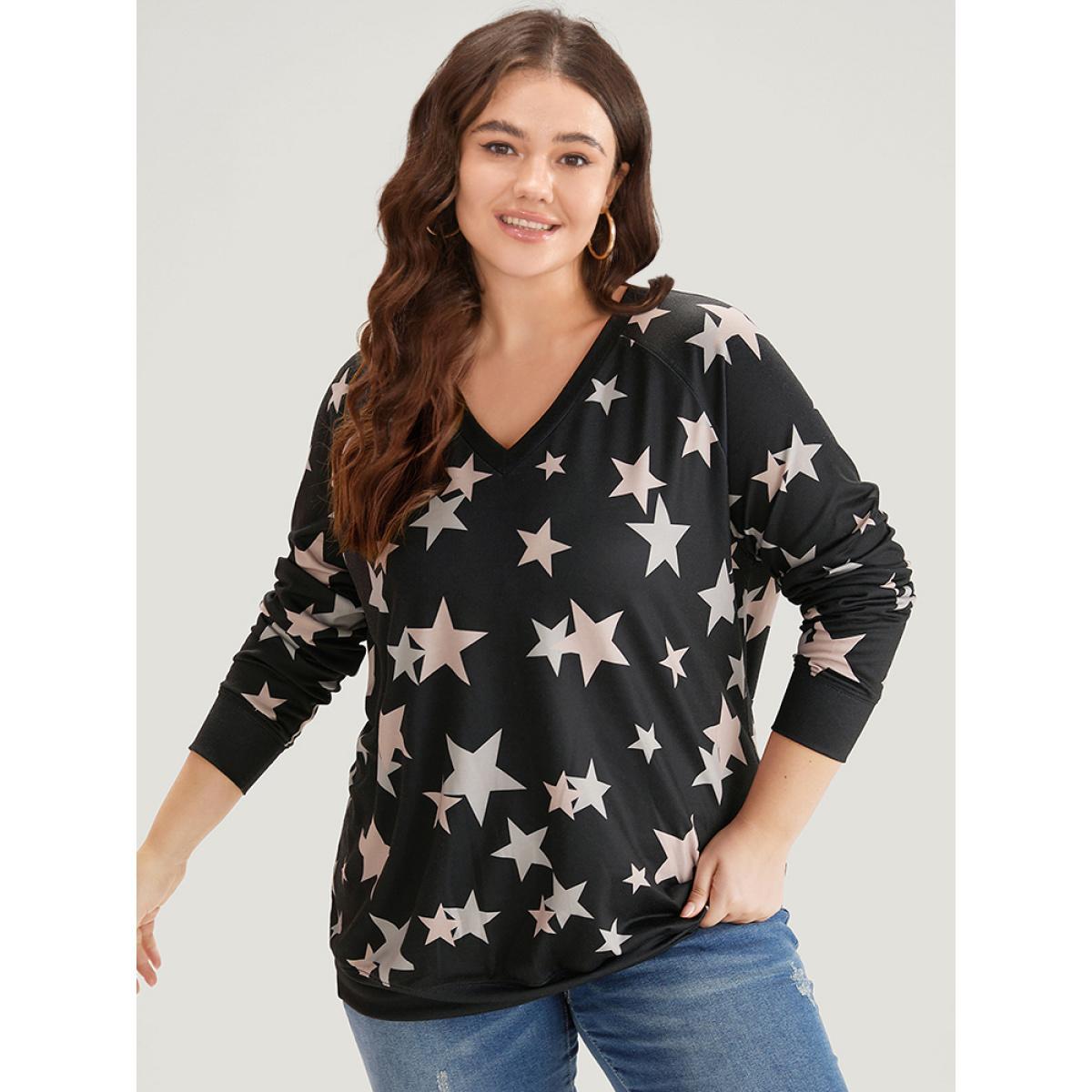 Plus Size Star Print V Neck Raglan Sleeve Sweatshirt Women Black Elegant Elastic cuffs V-neck Dailywear Sweatshirts BloomChic 30/6X Product Image