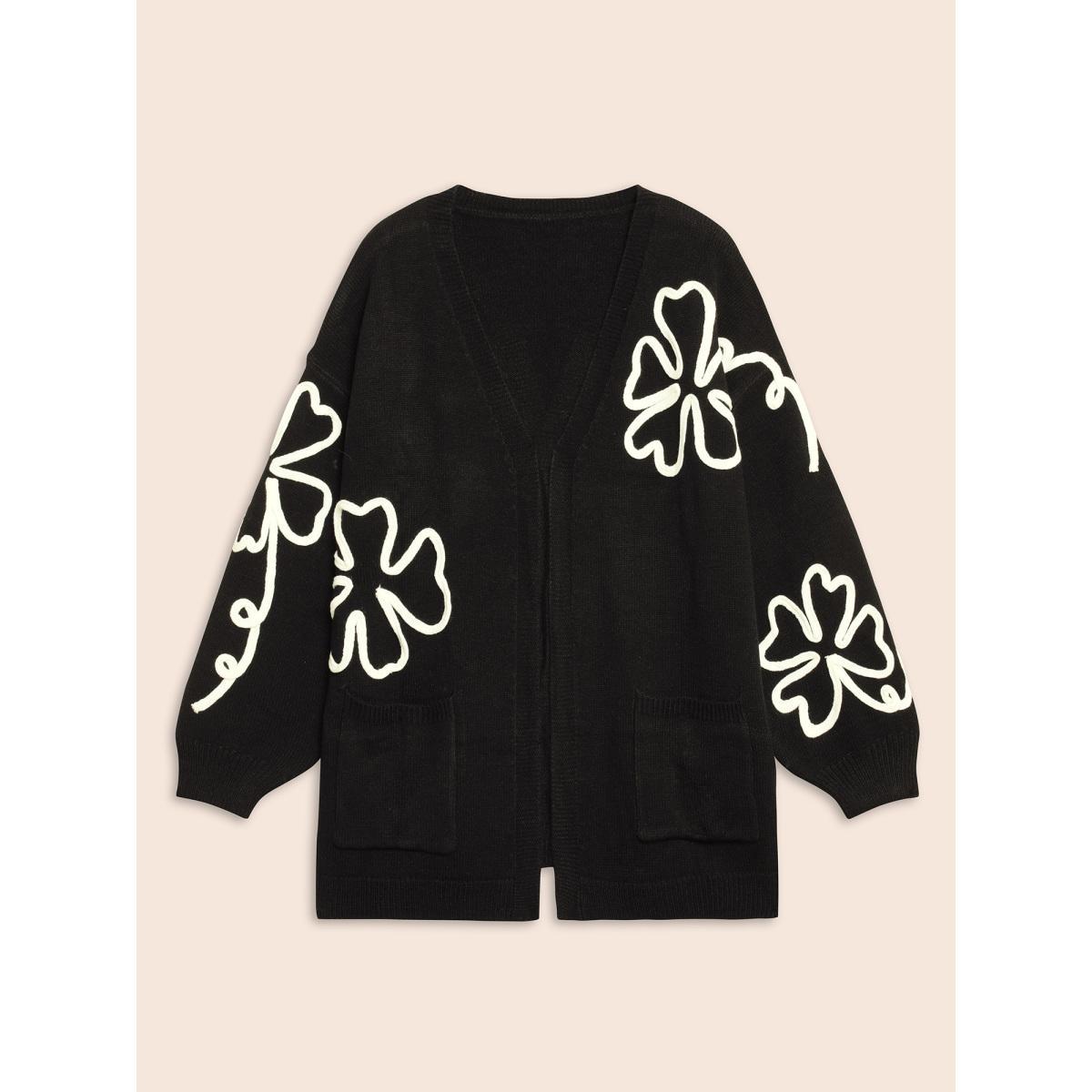 Plus Size Crochet Floral Kimono Collar Pocket Cardigan Black Women Casual Loose Long Sleeve Everyday Cardigans BloomChic 12/L Product Image