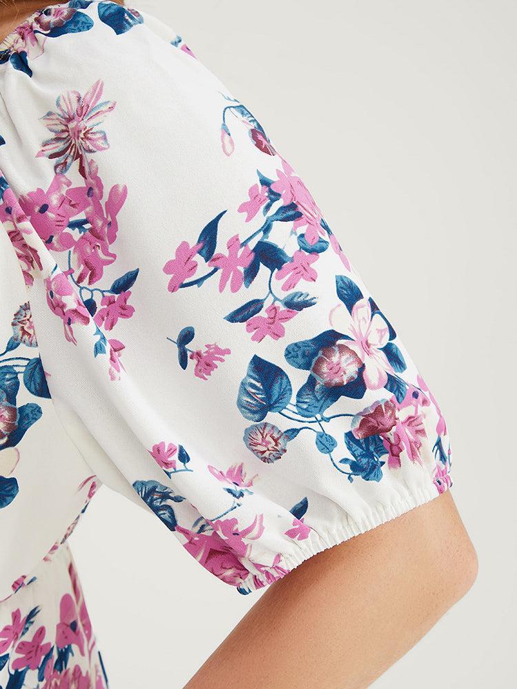 Floral Puff Sleeve Pocket Knot Front Scoop Neck Flutter Dress Female Product Image