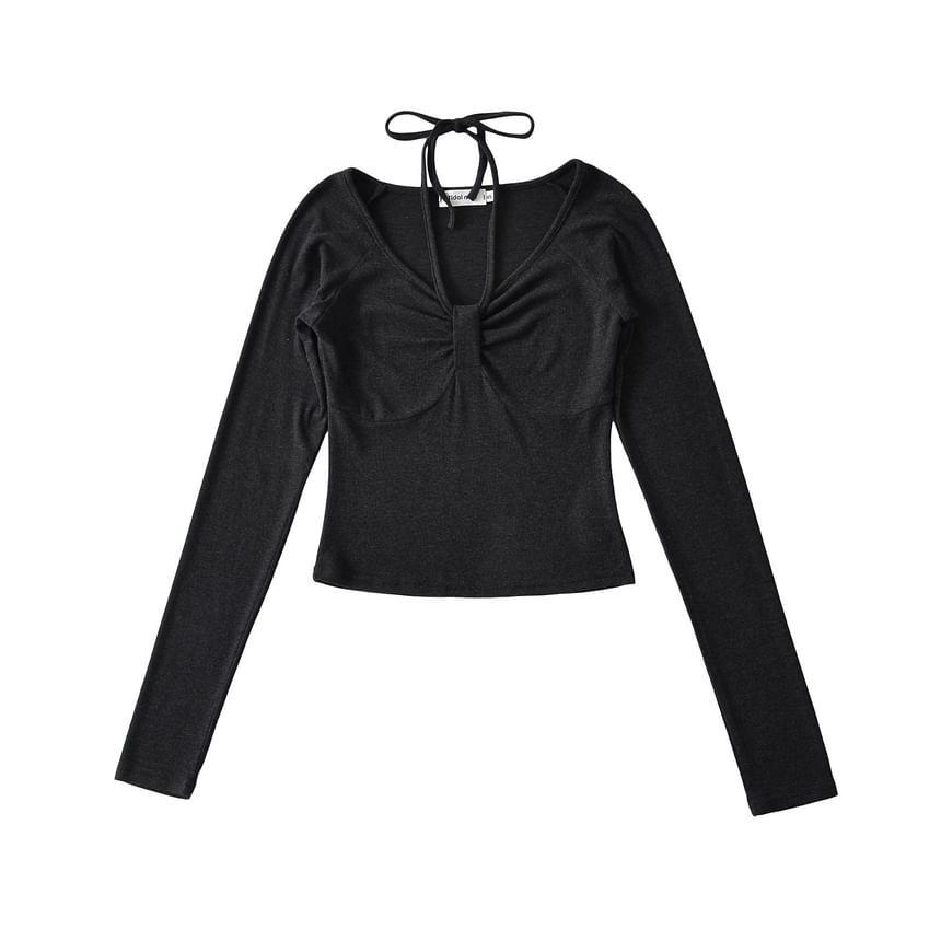 Long-Sleeve Halter Neck Plain Ruched Slim Fit Crop T-Shirt Product Image