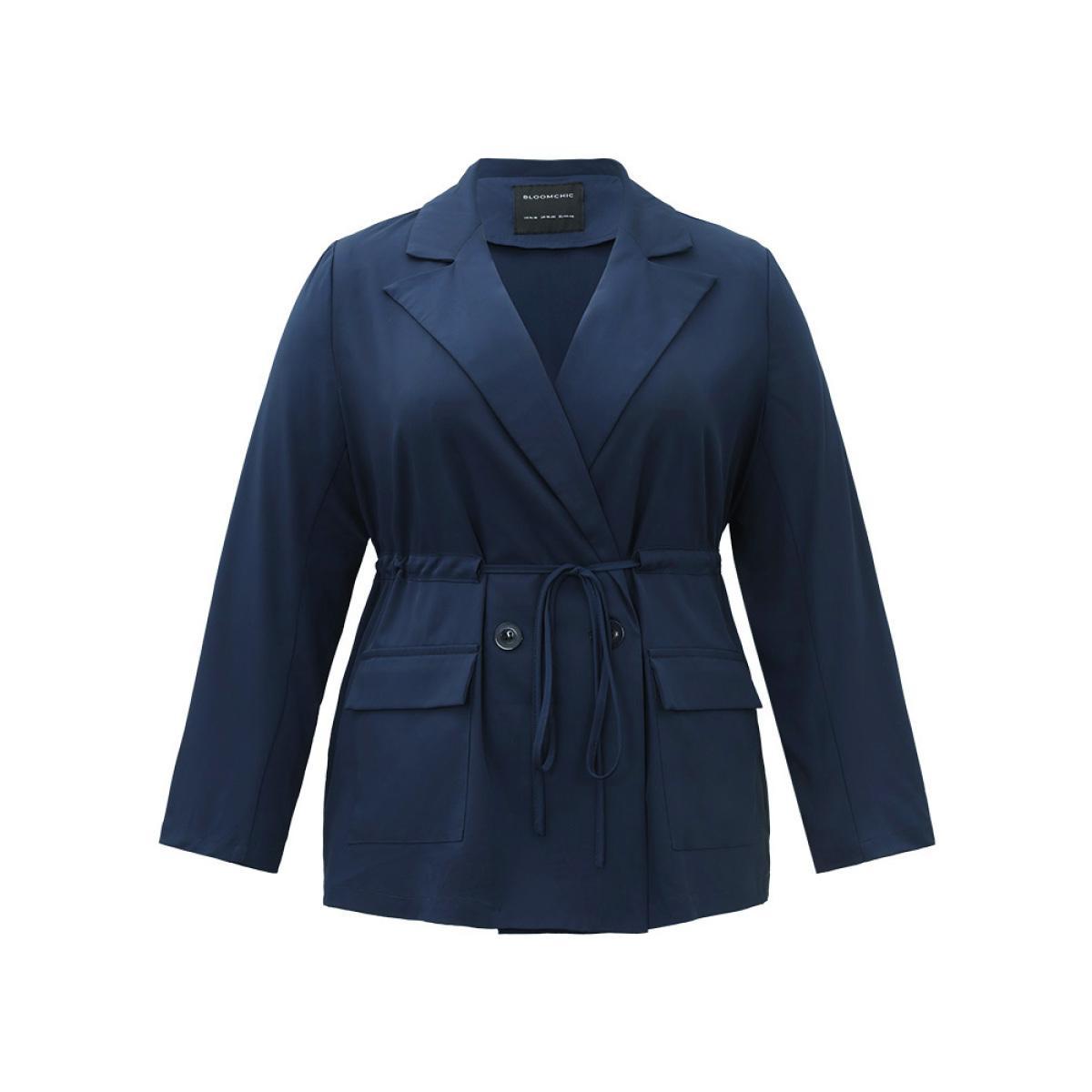 Plus Size Button Up Drawstring Pocket Blazer Indigo Women Work Plain Plain Sleeve Long Sleeve Lapel Collar 10/M Pocket At the Office Blazers BloomChic Product Image