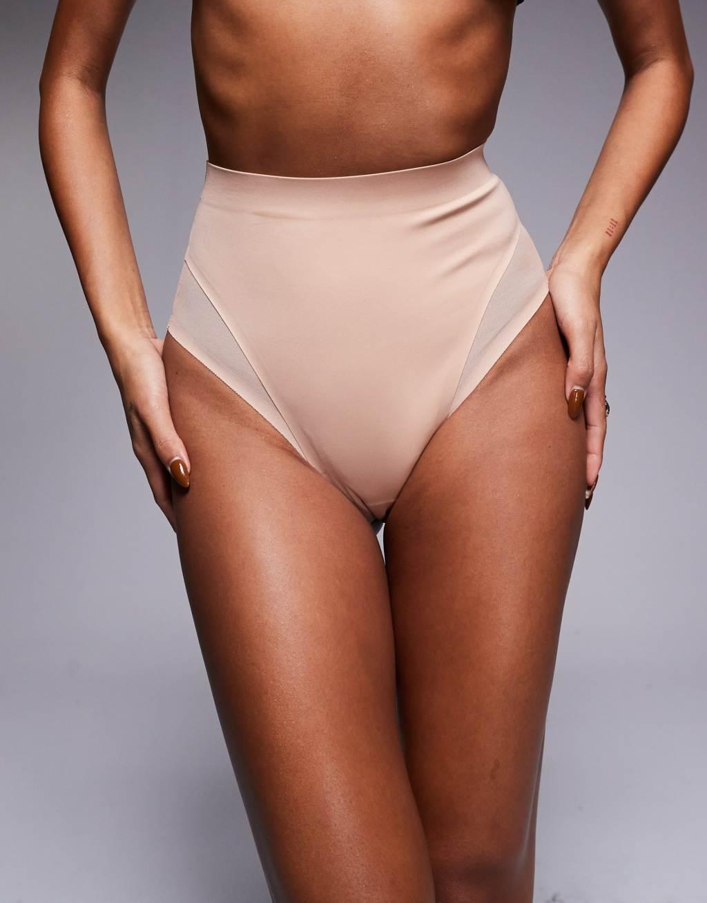 ASOS DESIGN Contouring medium control high waist thong with mesh in beige Product Image