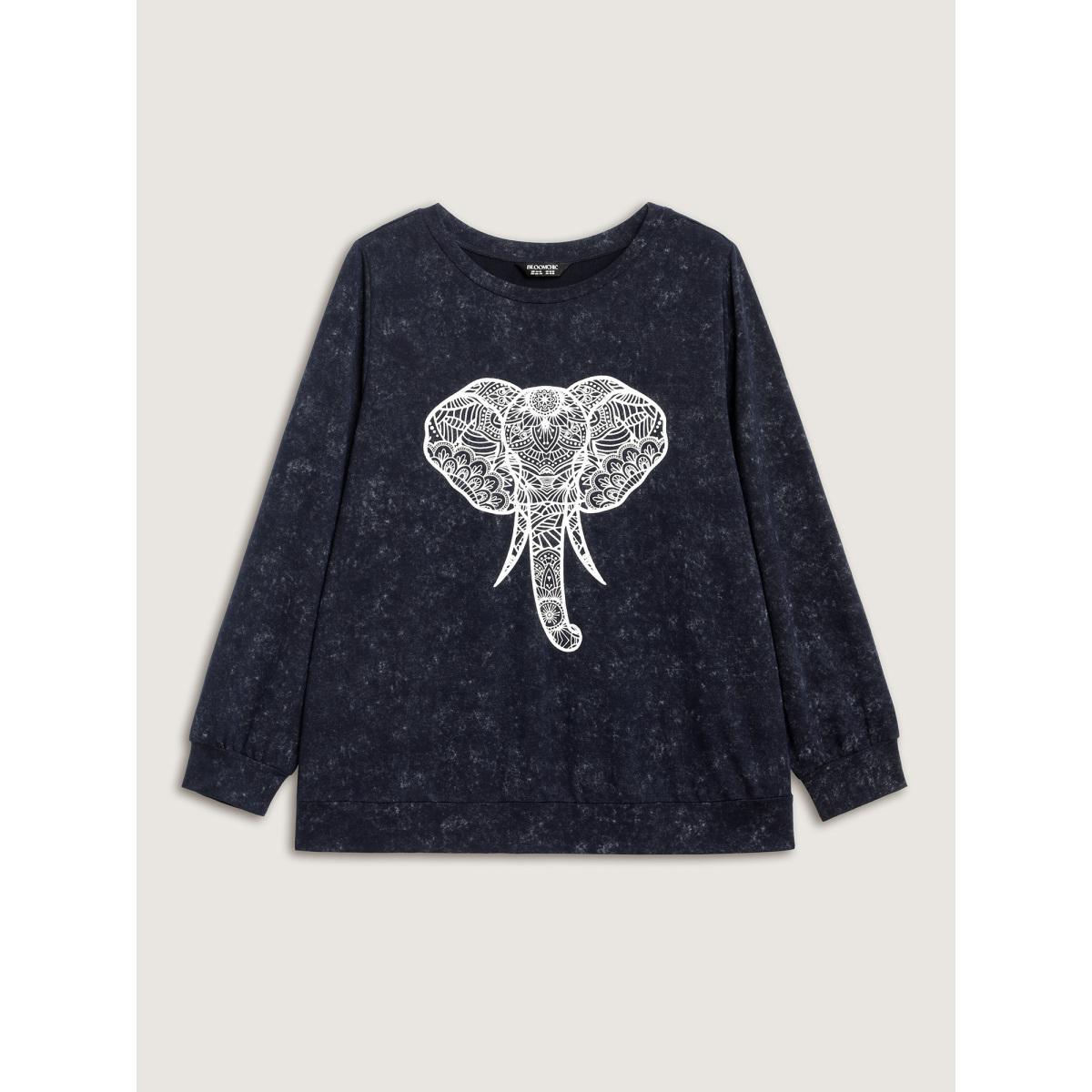 Plus Size Elephant Motif Crew Neck Sweatshirt Women Indigo Non Round Neck Everyday-Casual Sweatshirts BloomChic 30/6X Product Image