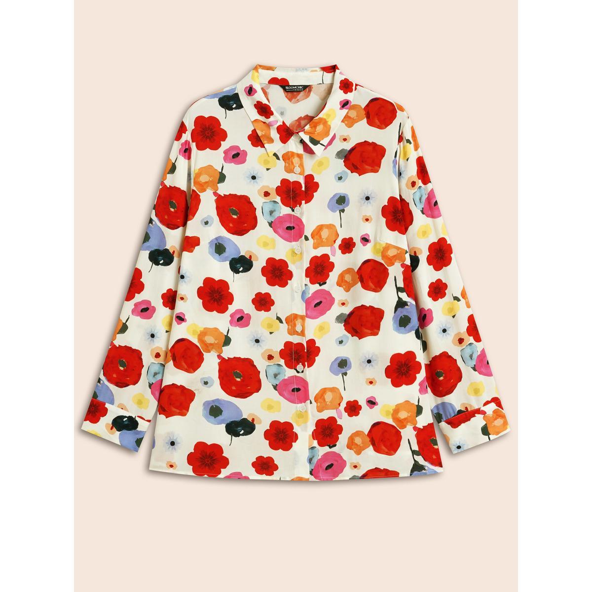 Plus Size Multicolor Contrast Floral Shirt Collar Blouse Women Elegant Long Sleeve Shirt collar Everyday Blouses BloomChic 26/4X Product Image