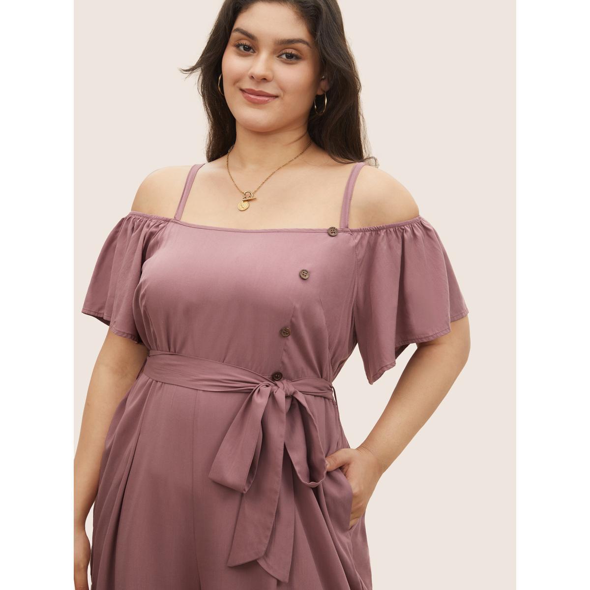 Plus Size DustyPink Supersoft Essentials Button Detail Slit Hem Jumpsuit Women Casual Short sleeve Non Everyday Loose Jumpsuits BloomChic 30/6X Product Image