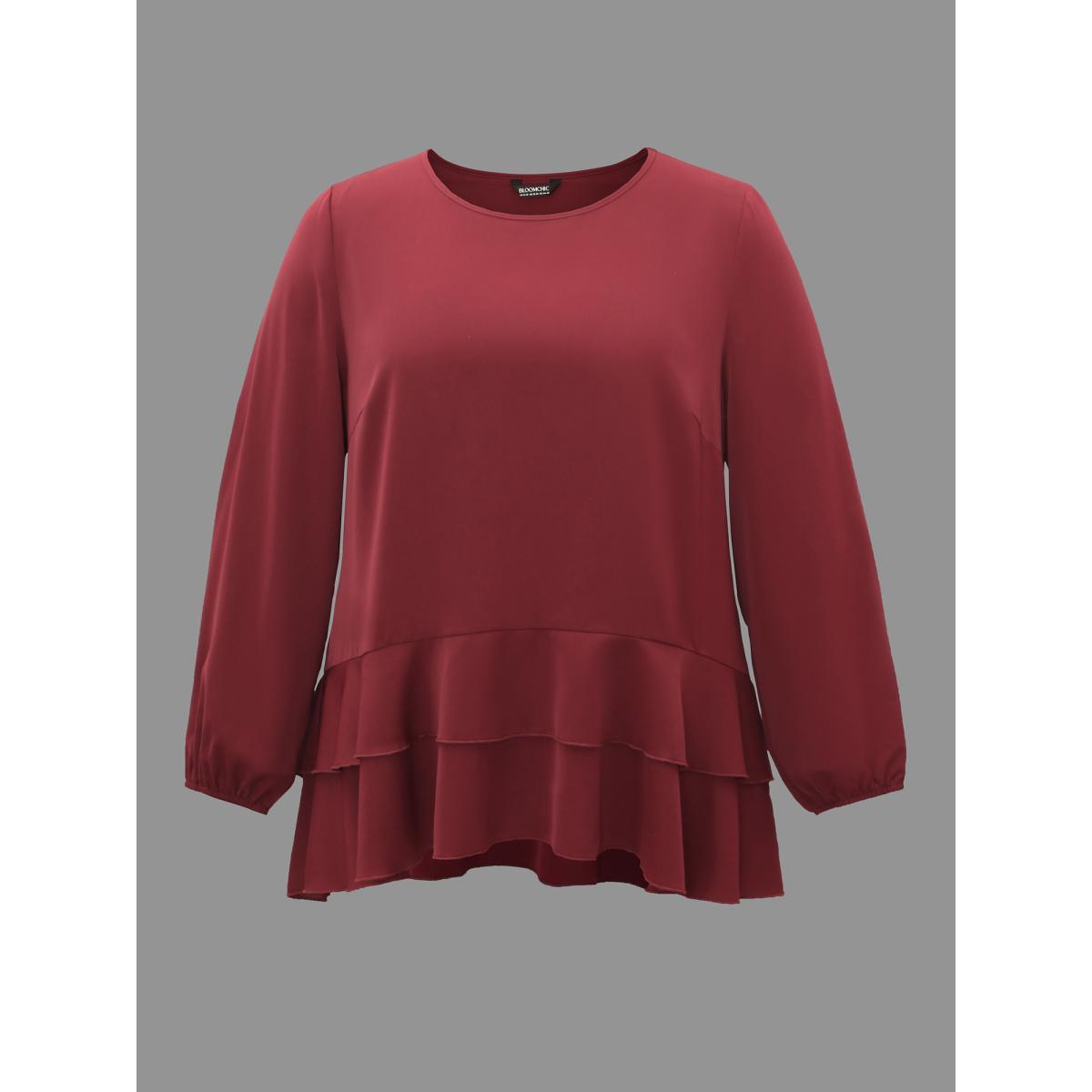 Plus Size Scarlet Plain Tiered Ruffle Hem Lantern Sleeve Blouse Women Elegant Long Sleeve Round Neck Everyday Blouses BloomChic 10/M Product Image