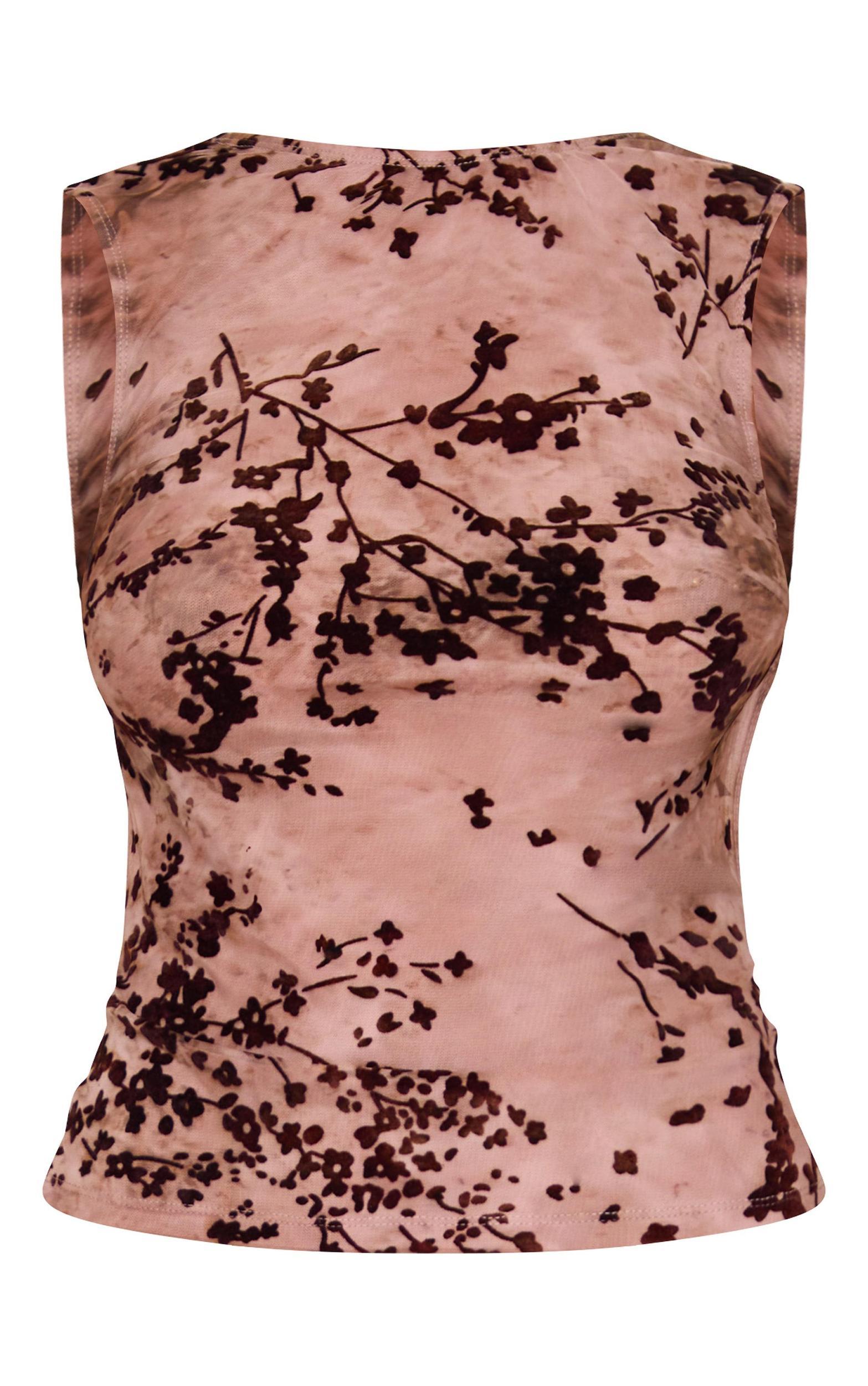 Mauve Floral Print Devore Mesh Backless Top Product Image