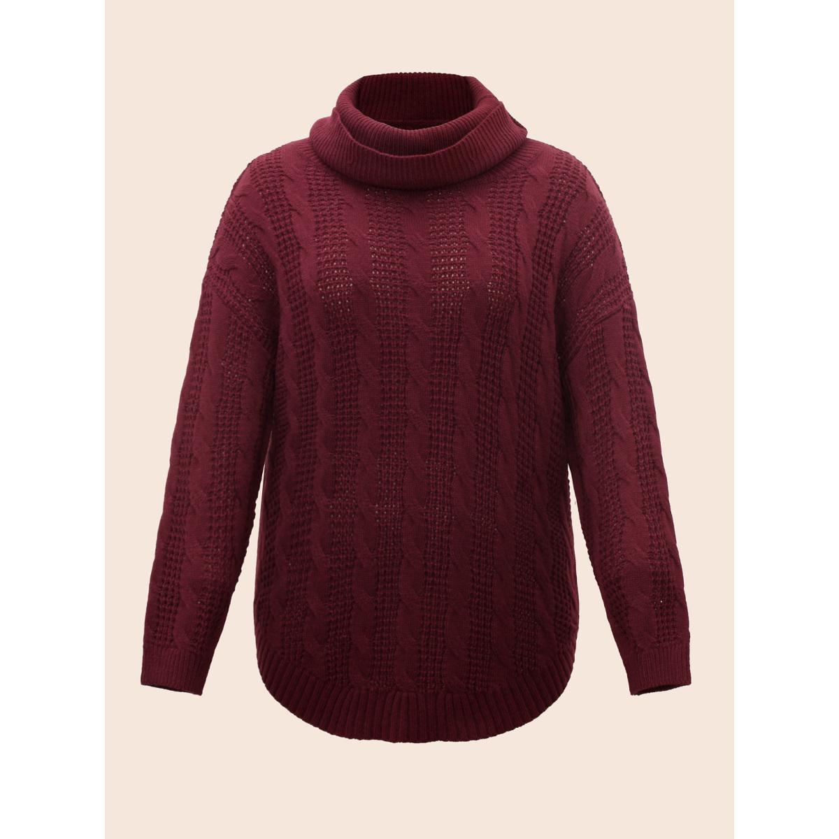 Plus Size Turtleneck Cable Knit Curved Hem Pullover Burgundy Women Casual Loose Long Sleeve Turtleneck Everyday Pullovers BloomChic 12/L Product Image