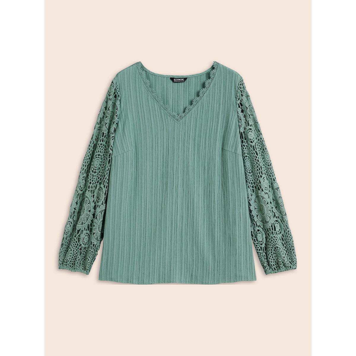 Plus Size Greenbean Scalloped Lace Textured Sheer Sleeve Blouse Women Elegant Extra Long Sleeve V-neck Everyday Blouses BloomChic 18-20/2X Product Image