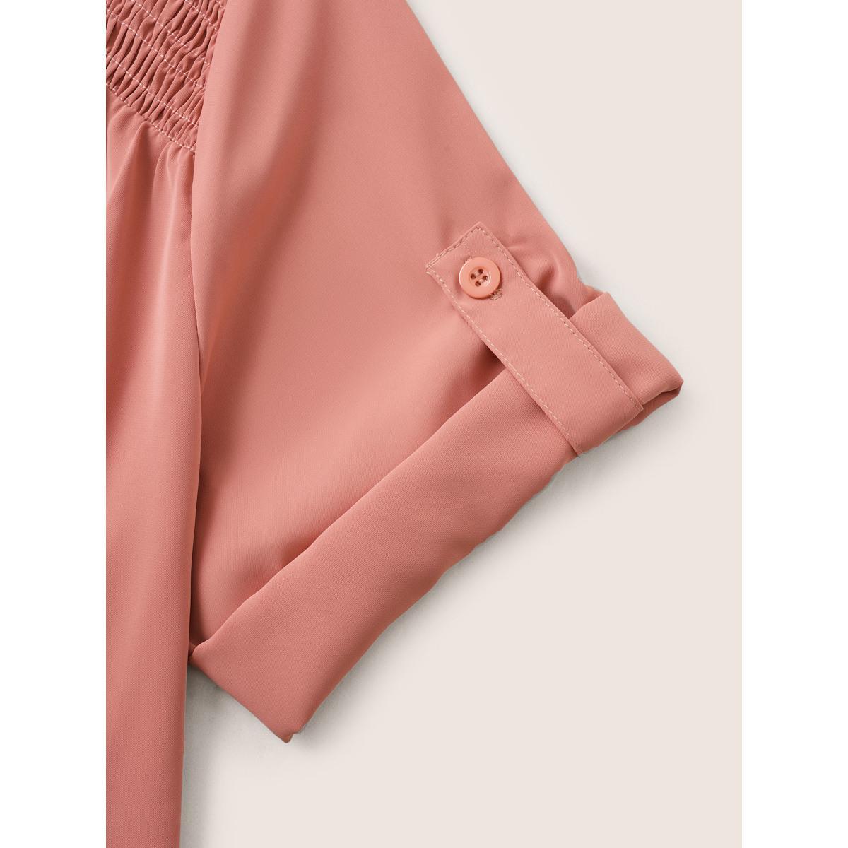 Plus Size Salmon V Neck Solid Shirred Tab Sleeve Blouse Women Work From Home Elbow-length sleeve V-neck Work Blouses BloomChic 26/4X Product Image