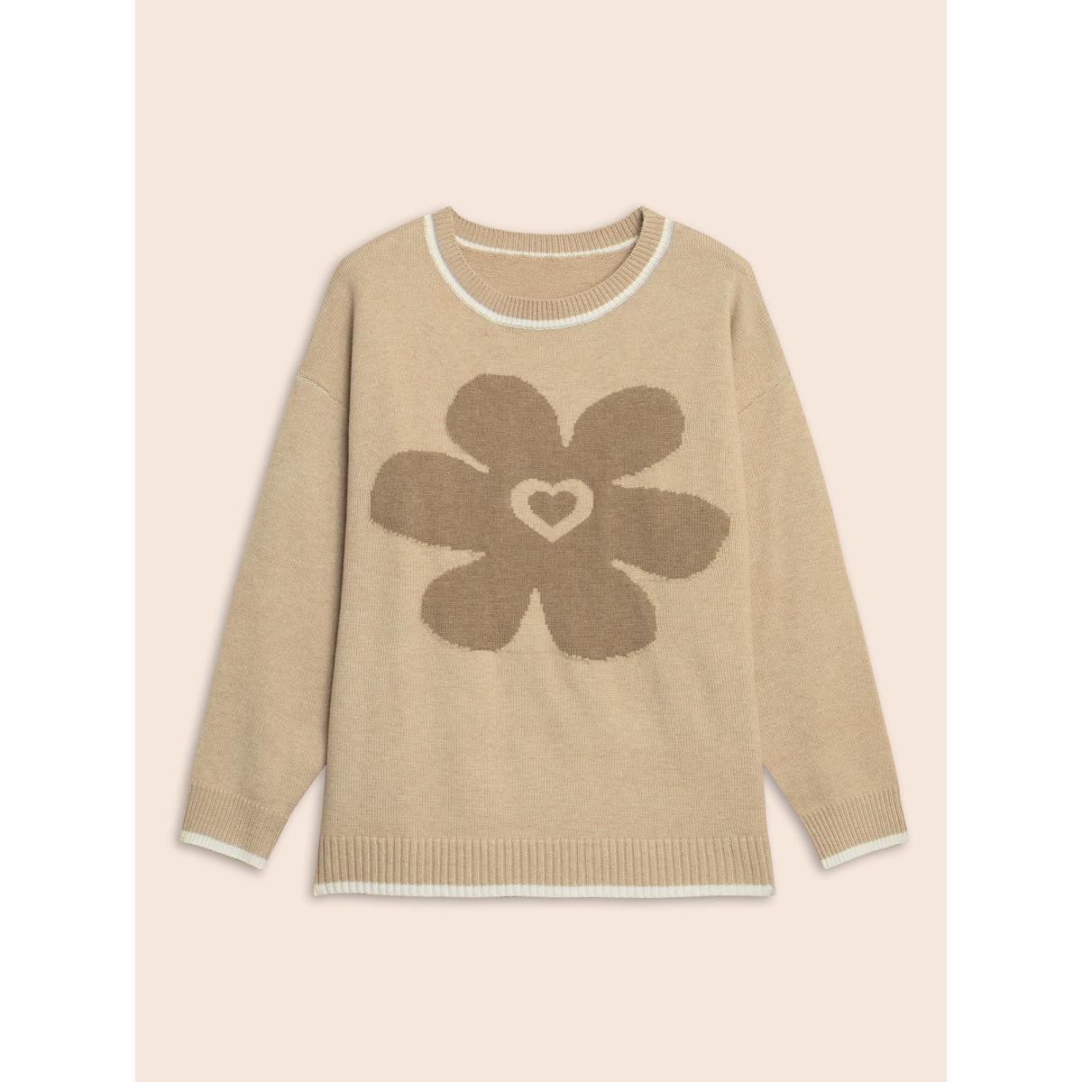 Plus Size Floral Jacquard Contrast Trim Slit Hem Pullover LightBrown Women Casual Long Sleeve Round Neck Everyday Pullovers BloomChic 26/4X Product Image
