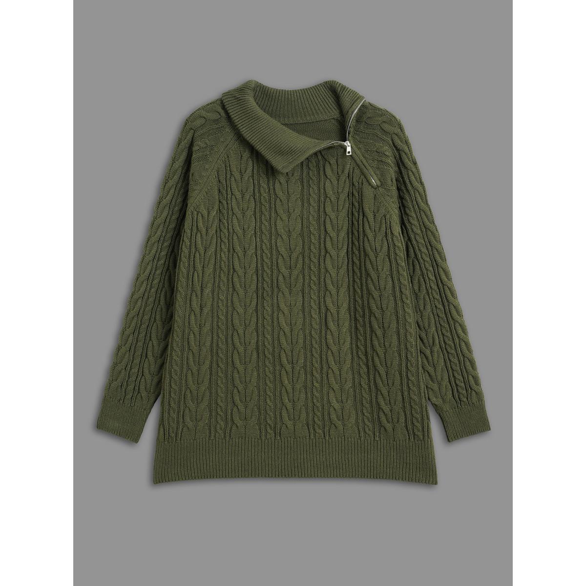 Plus Size Asymmetrical Neck Cable Knit Zipper Pullover ArmyGreen Women Casual Loose Long Sleeve Asymmetrical Neck Everyday Pullovers BloomChic 26/4X Product Image