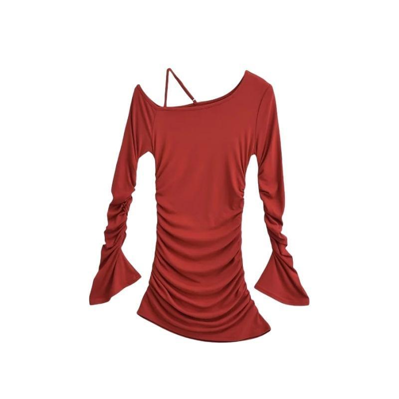 Long Sleeve Cold Shoulder Plain Ruched Top Product Image