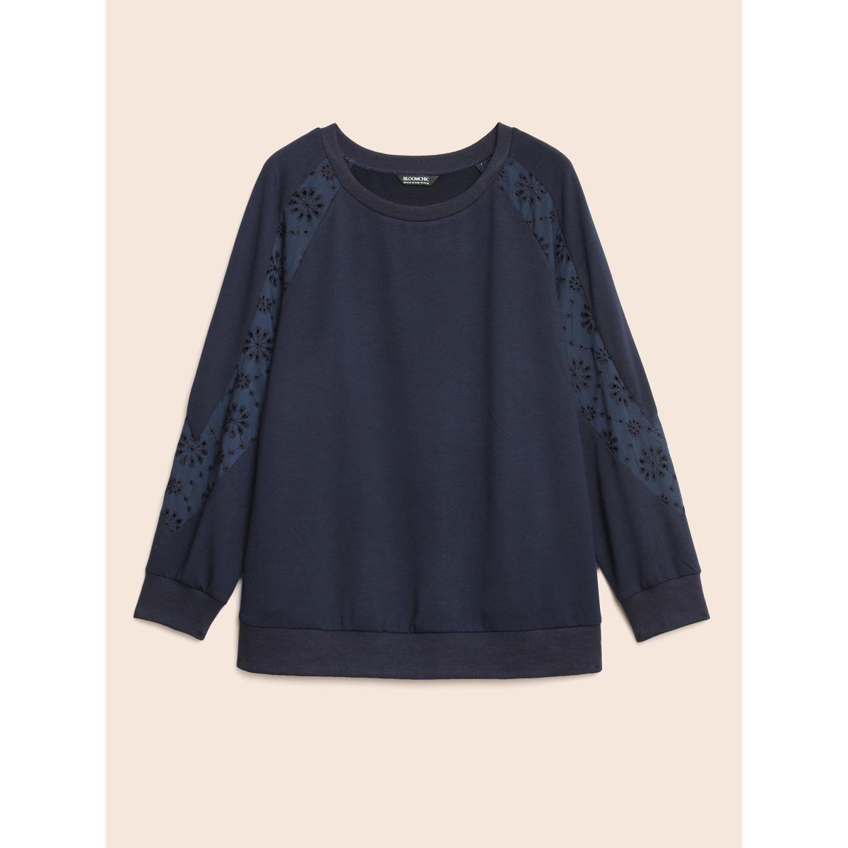 Plus Size Broderie Anglaise Patchwork Raglan Sleeve Sweatshirt Women Midnight Casual Patchwork Round Neck Everyday Sweatshirts BloomChic 26/4X Product Image