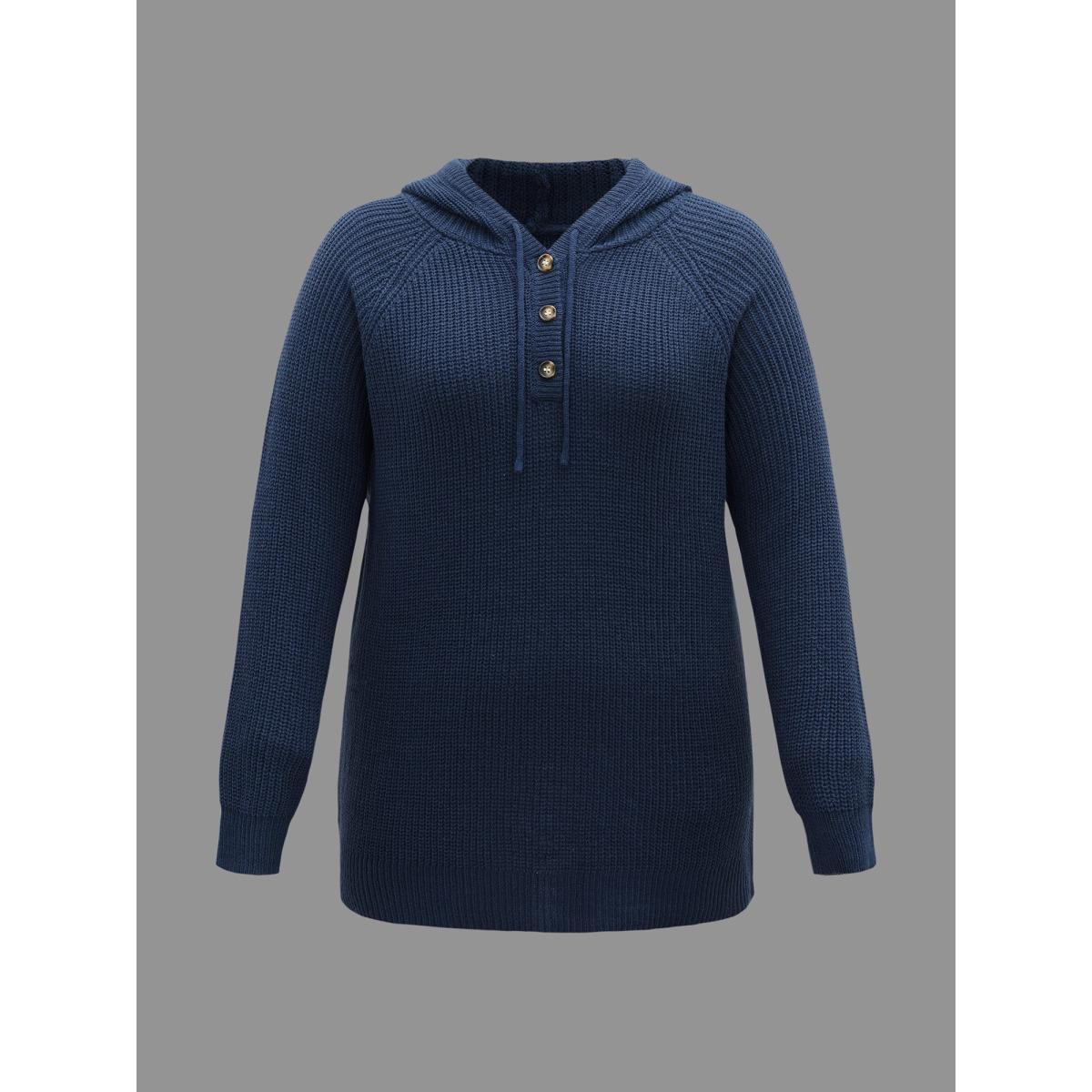 Plus Size Plain Button Up Hooded Pullover Indigo Women Casual Loose Long Sleeve Hooded Everyday Pullovers BloomChic 22-24/3X Product Image