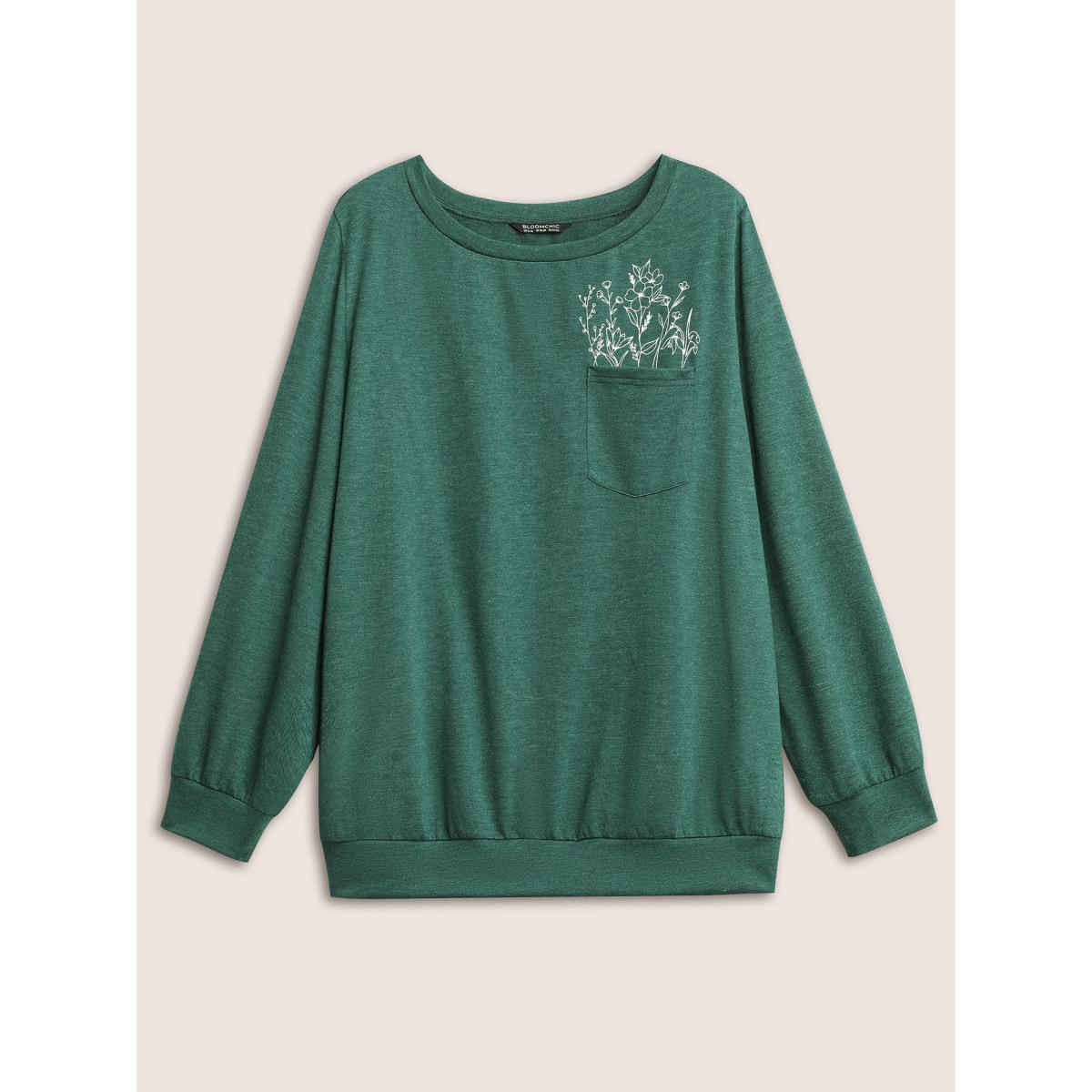 Plus Size Floral Print Heather Patched Pocket Sweatshirt Women Green Casual Non Round Neck Everyday Sweatshirts BloomChic 10/M Product Image