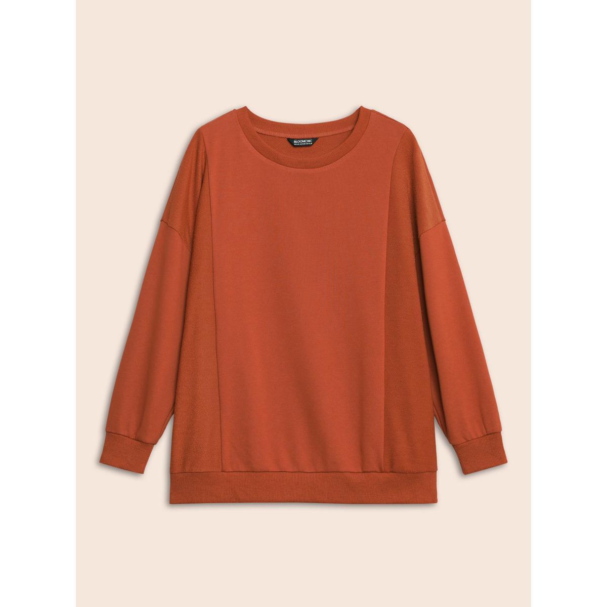 Plus Size Round Neck Patchwork Drop Shoulder Sweatshirt Women Rust Casual Patchwork Round Neck Everyday Sweatshirts BloomChic 26/4X Product Image