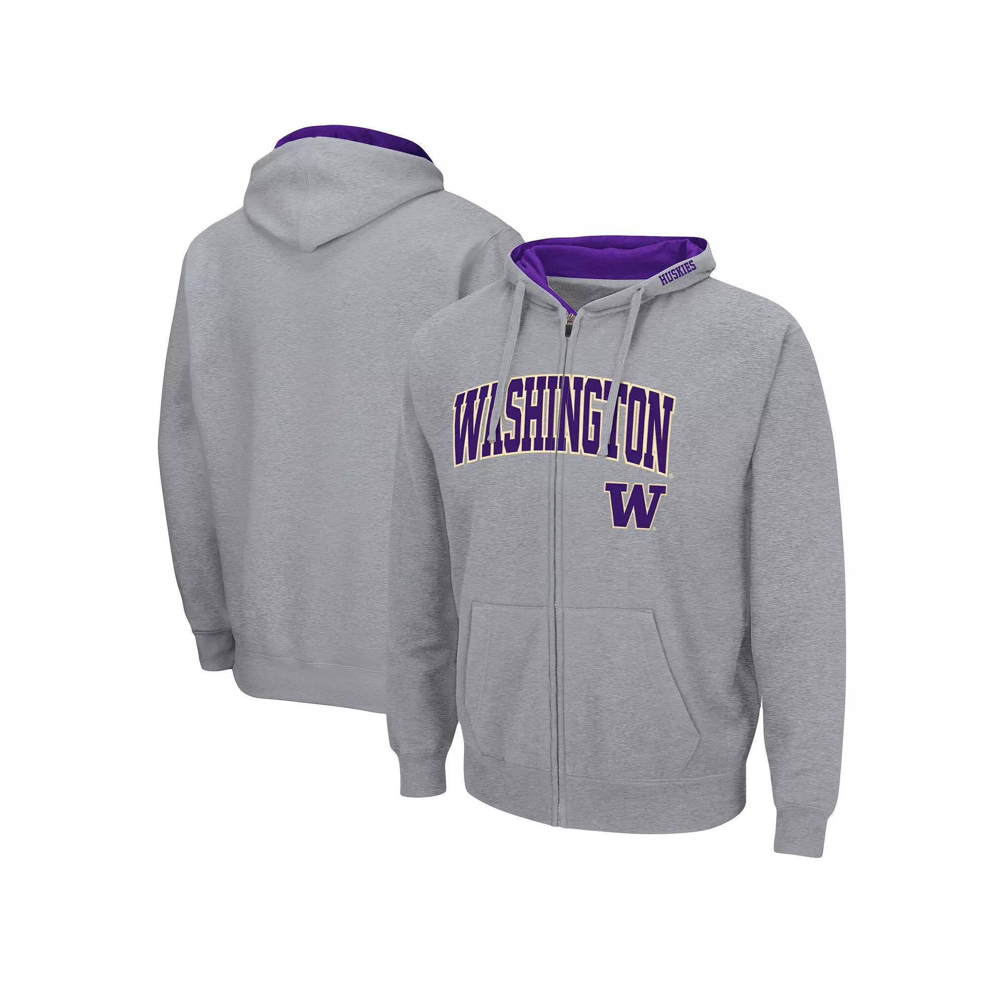 Men's Colosseum Heathered Gray Washington Huskies Arch & Logo 3.0 Full-Zip Hoodie, Size: 3XL, Grey Product Image