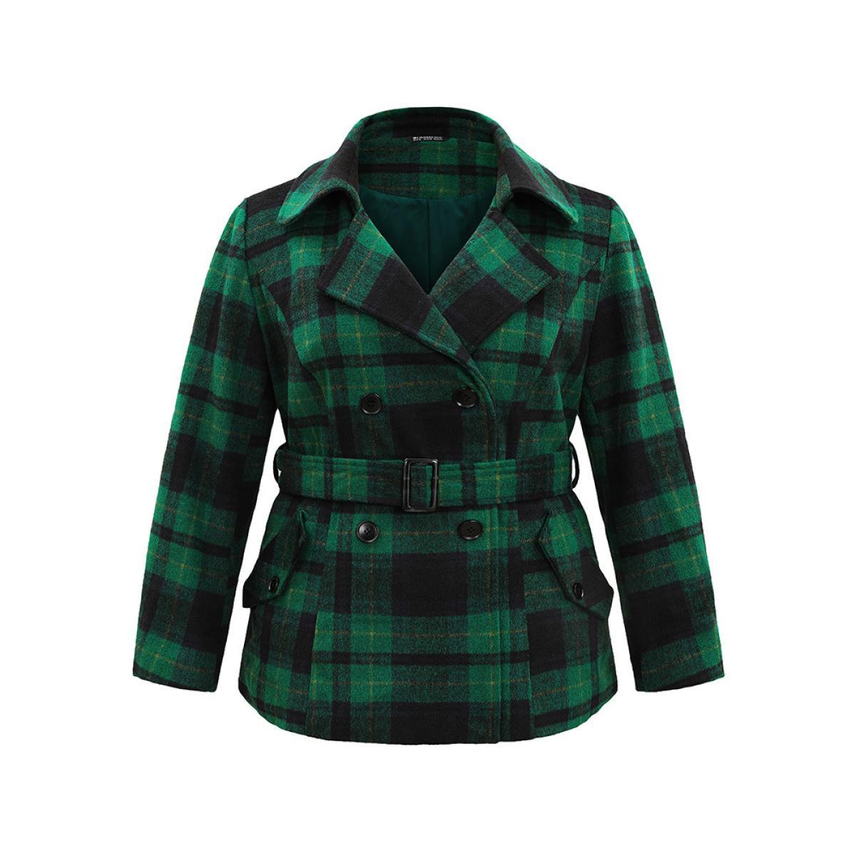 Plus Size Double Breasted Lapel Collar Pocket Belted Jacket Women DarkGreen Belted Pocket Belt Dailywear Jackets BloomChic 10/M Product Image