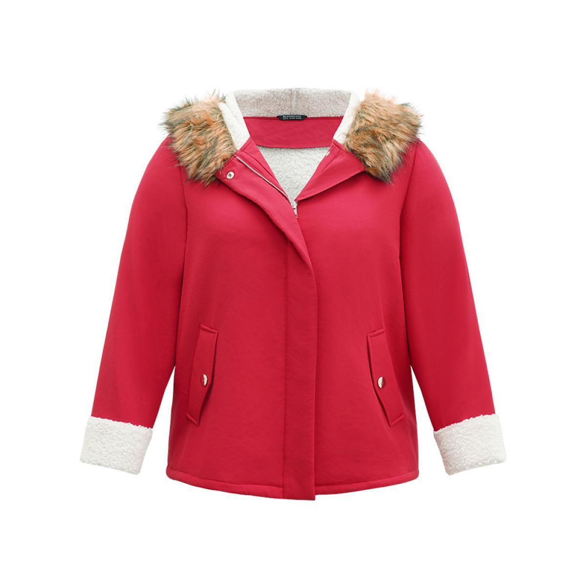 Plus Size Patchwork Fuzzy Trim Pocket Hooded Jacket Women Red Casual Contrast Ladies Party Winter Coats BloomChic 26/4X Product Image