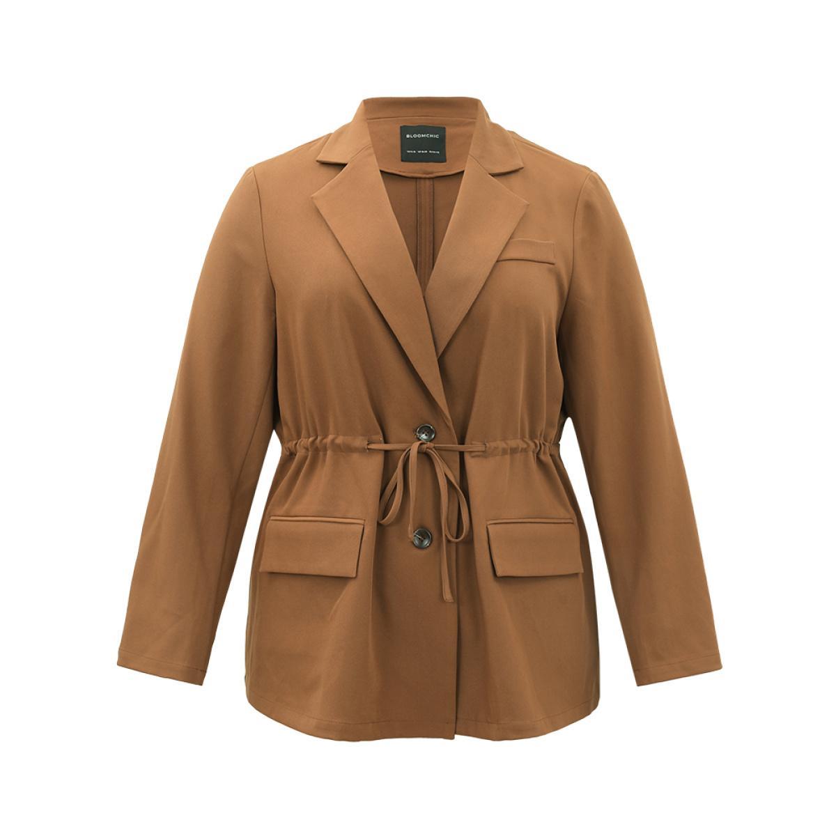 Plus Size Drawstring Flap Pocket Blazer Bronze Women Dailywear Plain Plain Sleeve Long Sleeve Suit Collar 22-24/3X Pocket Casual Blazers BloomChic Product Image