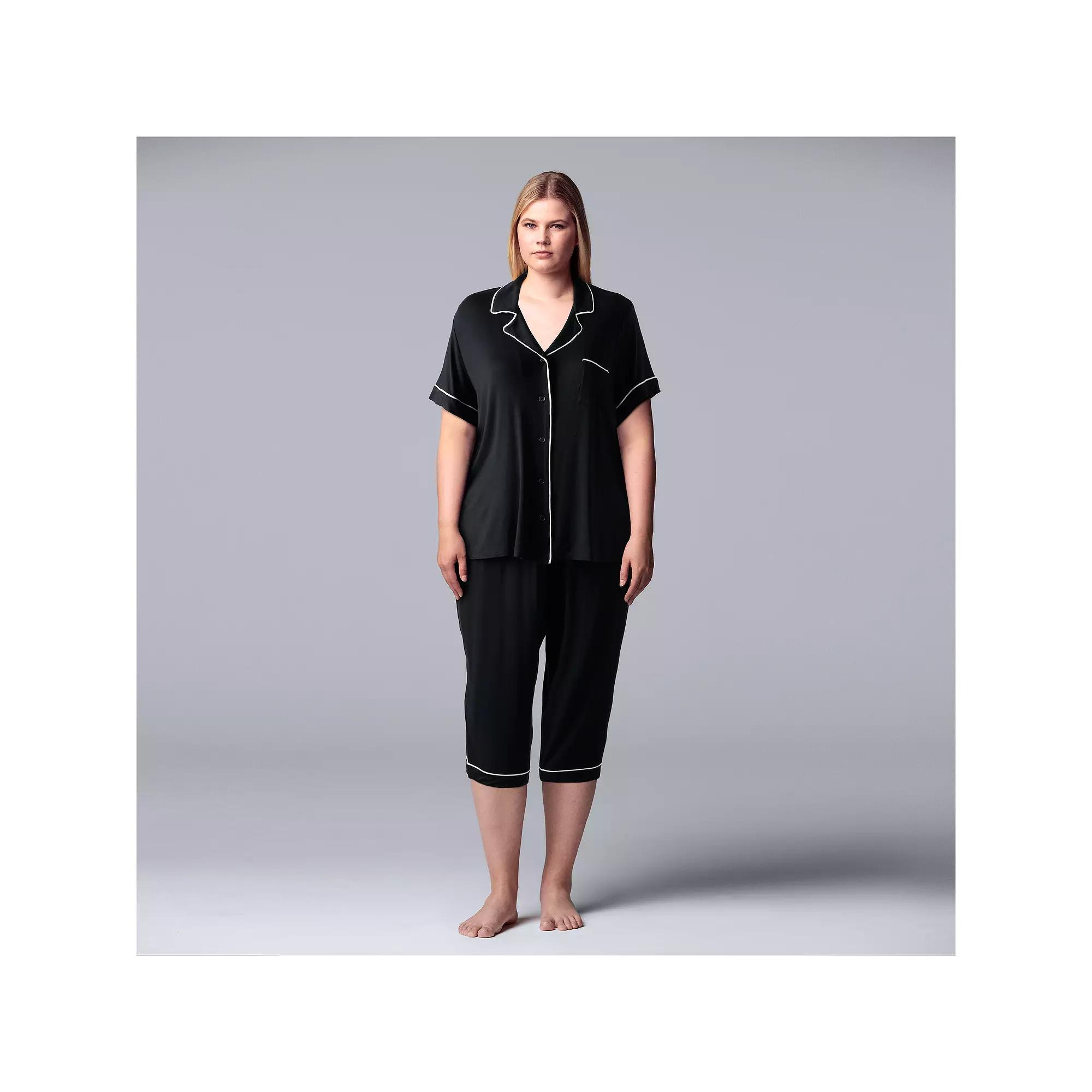 Plus Size Simply Vera Vera Wang Basic Luxury Pajama Shirt & Pajama Capris Set, Women's, Size: 2XL, Black Product Image