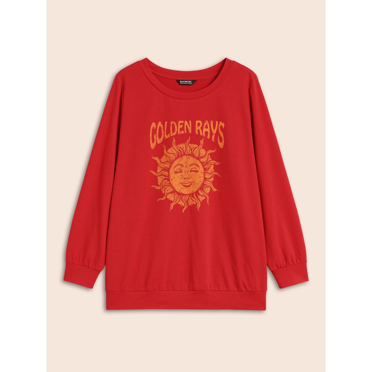 Plus Size Sun Print Round Neck Sweatshirt Women Brightred Elegant Non Round Neck Everyday Sweatshirts BloomChic 28/5X Product Image