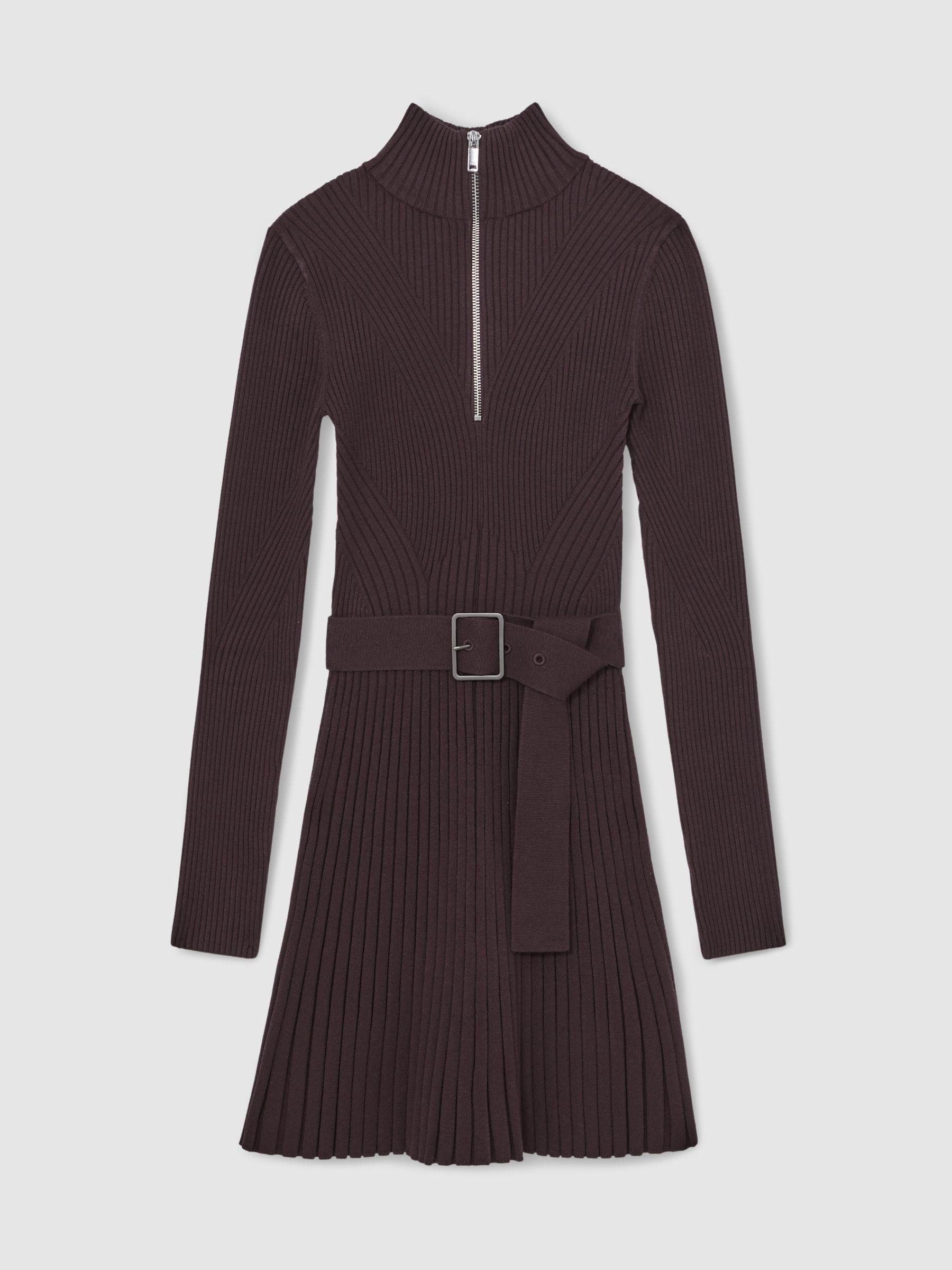 Rib-Knit Belted Half-Zip Flippy Dress in Plum Purple Product Image