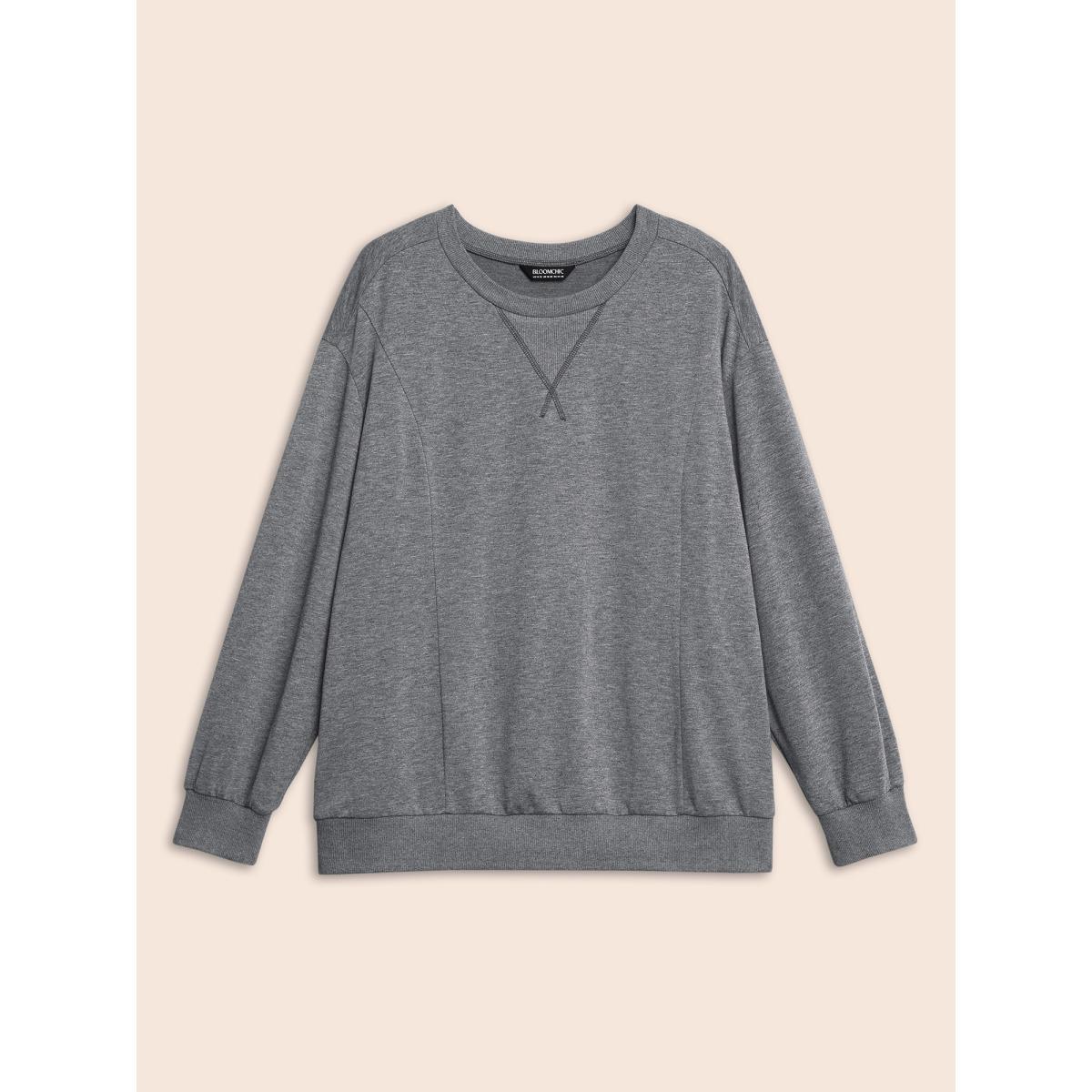 Plus Size Round Neck Stitch Slightly Stretchy Sweatshirt Women Mediumgray Casual Topstitching Round Neck Everyday Sweatshirts BloomChic 30/6X Product Image