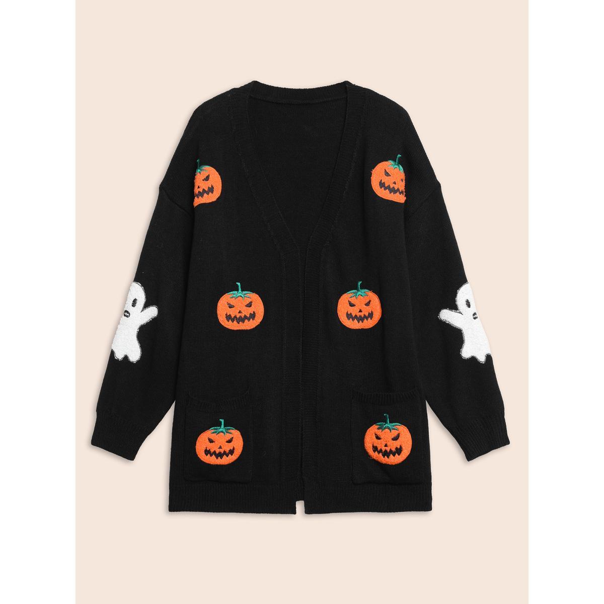 Plus Size Pumpkin Ghost Embroidery Open Cardigan Black Women Casual Loose Long Sleeve Everyday Cardigans BloomChic 26/4X Product Image