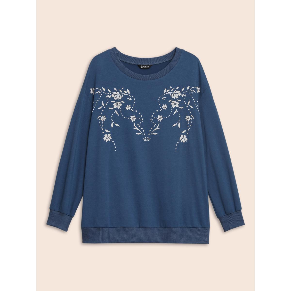Plus Size Floral Print Drop Shoulder Sleeve Sweatshirt Women Navy Casual Patchwork Loose Round Neck Everyday Sweatshirts BloomChic 12/L Product Image