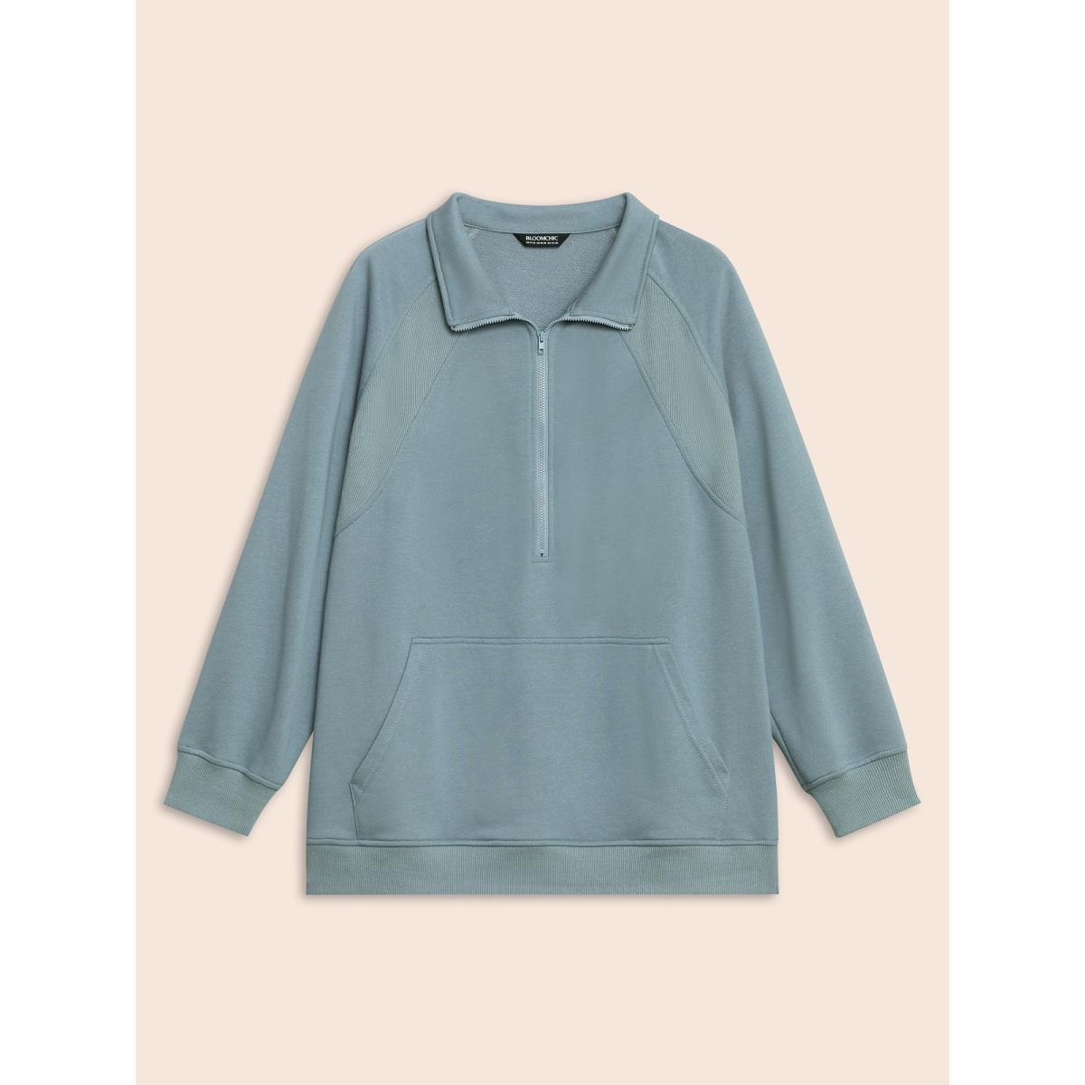 Plus Size Textured Half Zip Patchwork Sweatshirt Women Stone Casual Patchwork Polo Everyday Sweatshirts BloomChic 18-20/2X Product Image