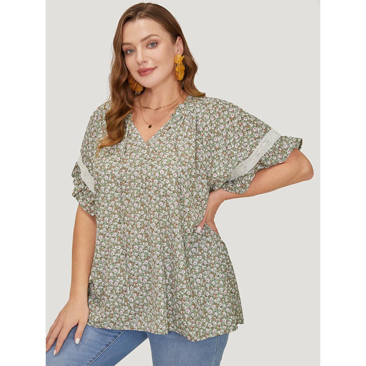 Plus Size Sage Ditsy Floral Frill Trim Lace Ruffle Sleeve Tie Neck Blouse Women Elegant Short sleeve Tie Neck Dailywear Blouses BloomChic 26/4X Product Image