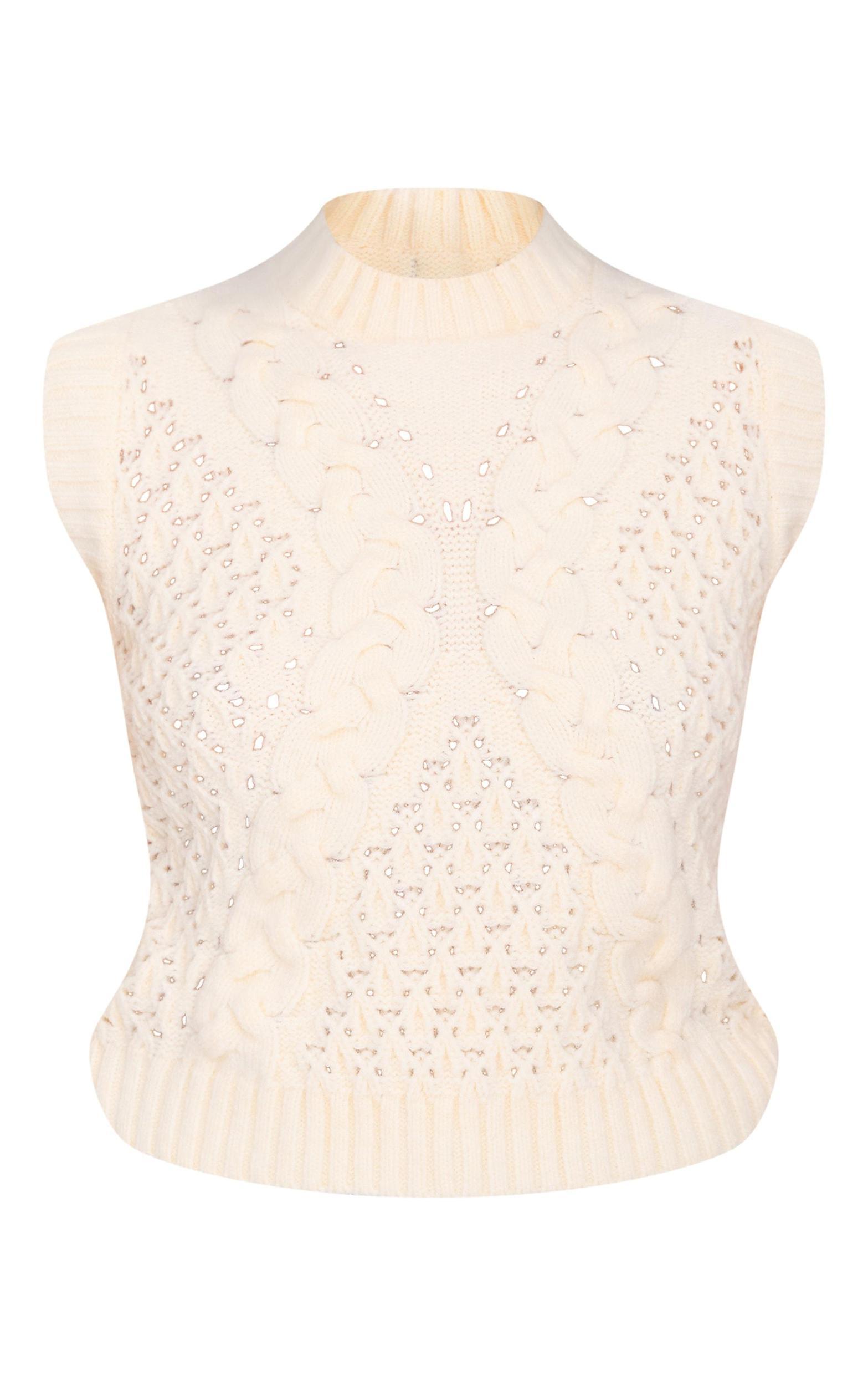 Cream Textured Cable Knit Sweater Vest Product Image