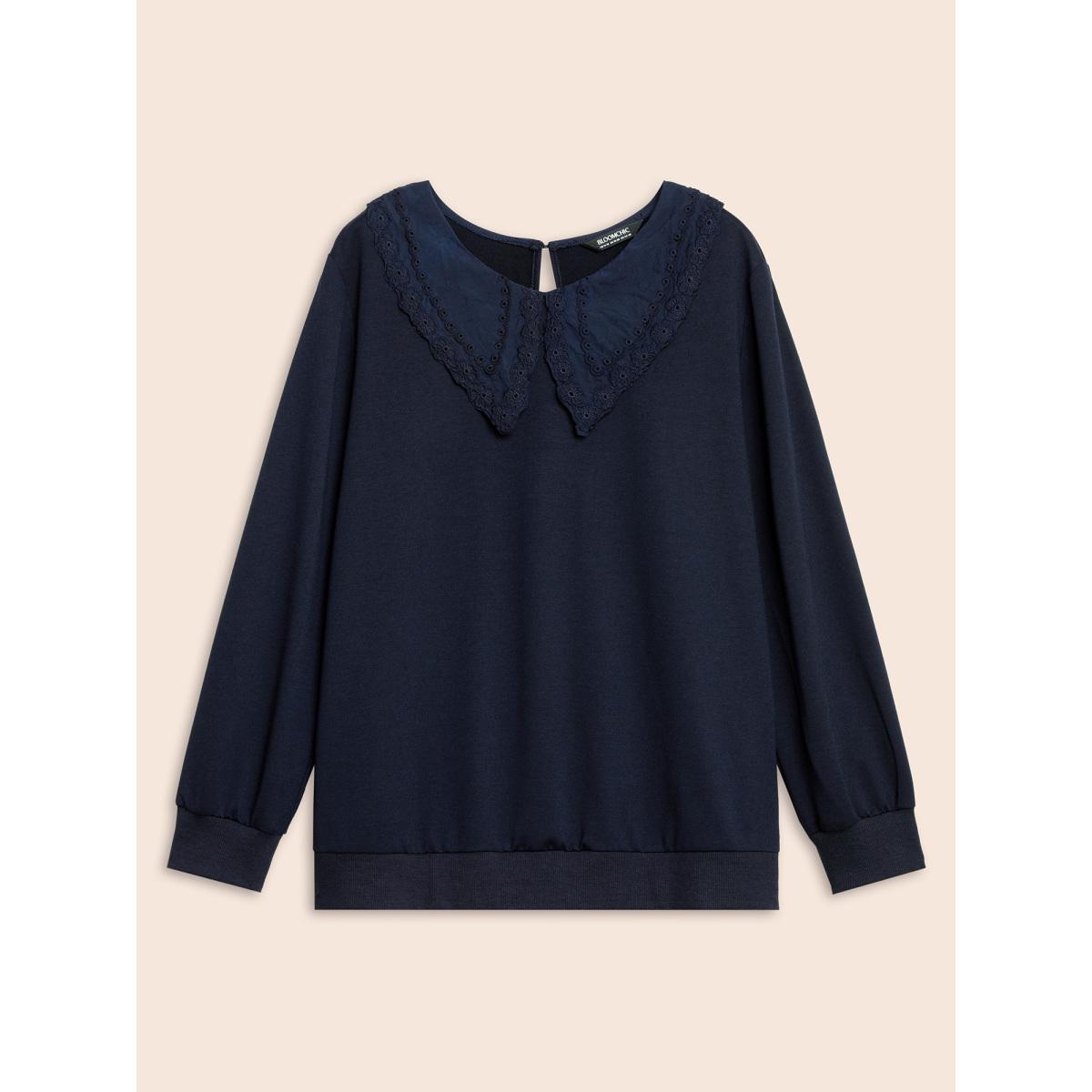 Plus Size Solid Peter Pan Collar Patchwork Sweatshirt Women Indigo Casual Patchwork Peter Pan collar Everyday Sweatshirts BloomChic 10/M Product Image