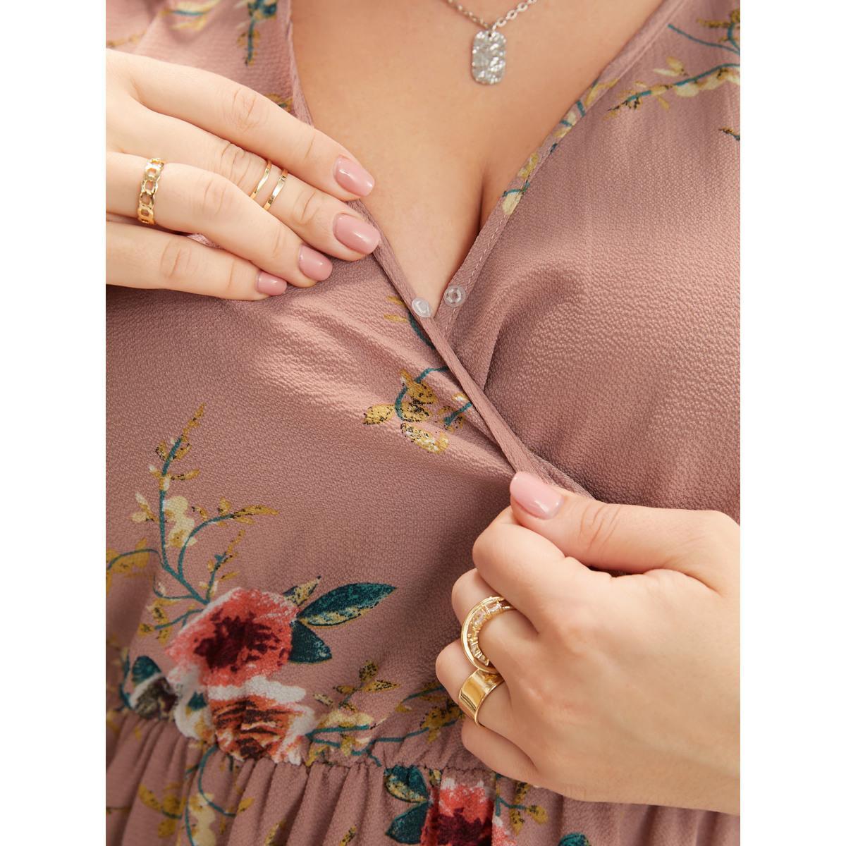 Floral Wrap Smocked Plus Size Women Casual Blouses Dailywear Ruffle Sleeve Short Sleeve V Neck Elegance Blouses BloomChic Product Image