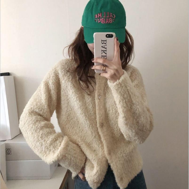 Crew Neck Plain Button-Up Cardigan Product Image