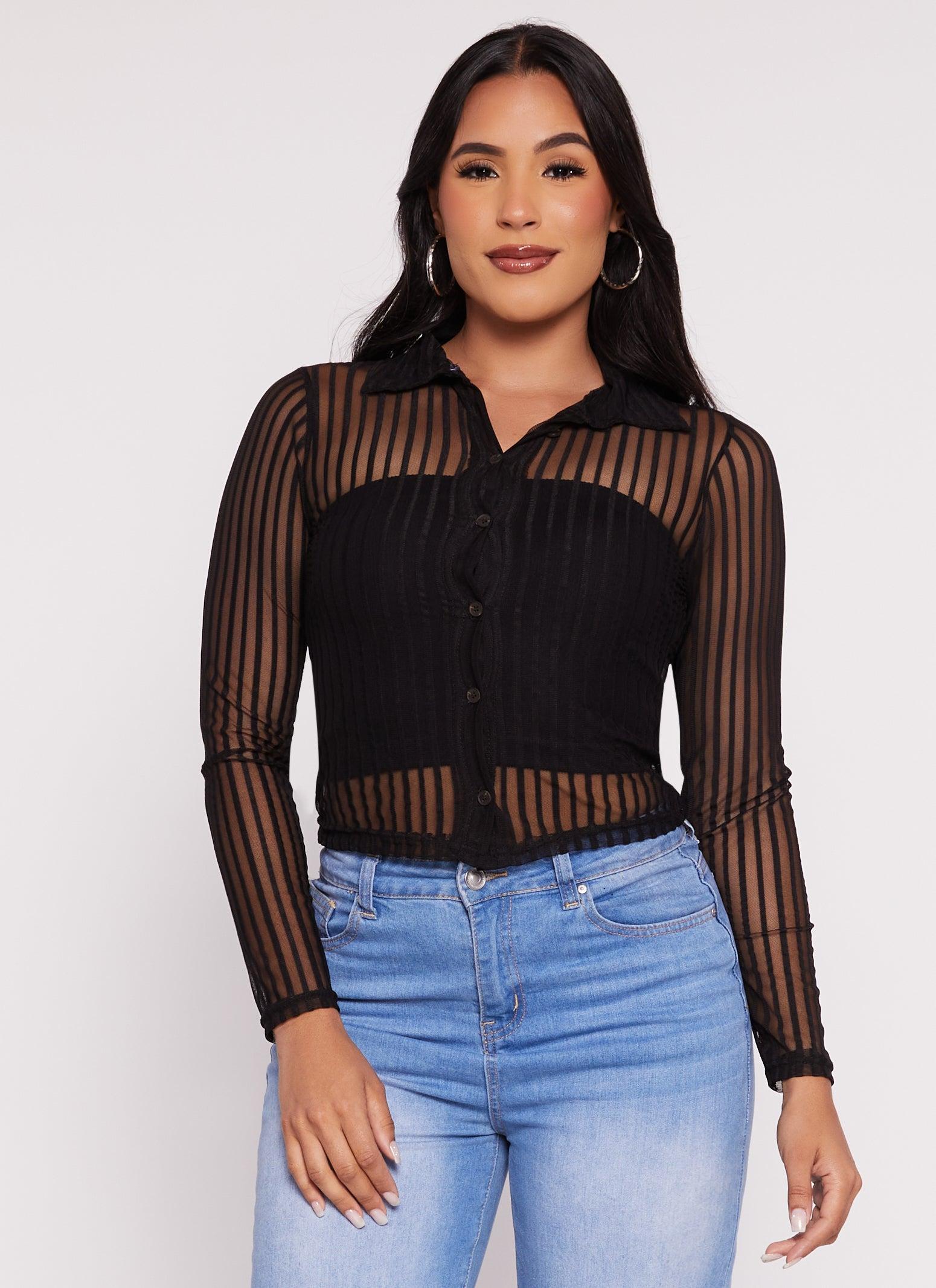 Womens Mesh Striped Button Front Blouse Product Image