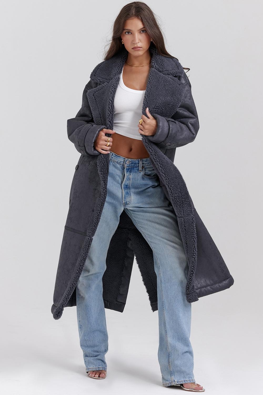 Deiji Grey Vegan Shearling Coat Product Image