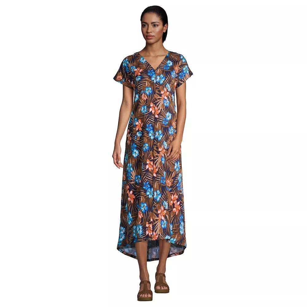 Womens Lands End High-Low Hem Maxi Dress Blue Tropic Palm Product Image