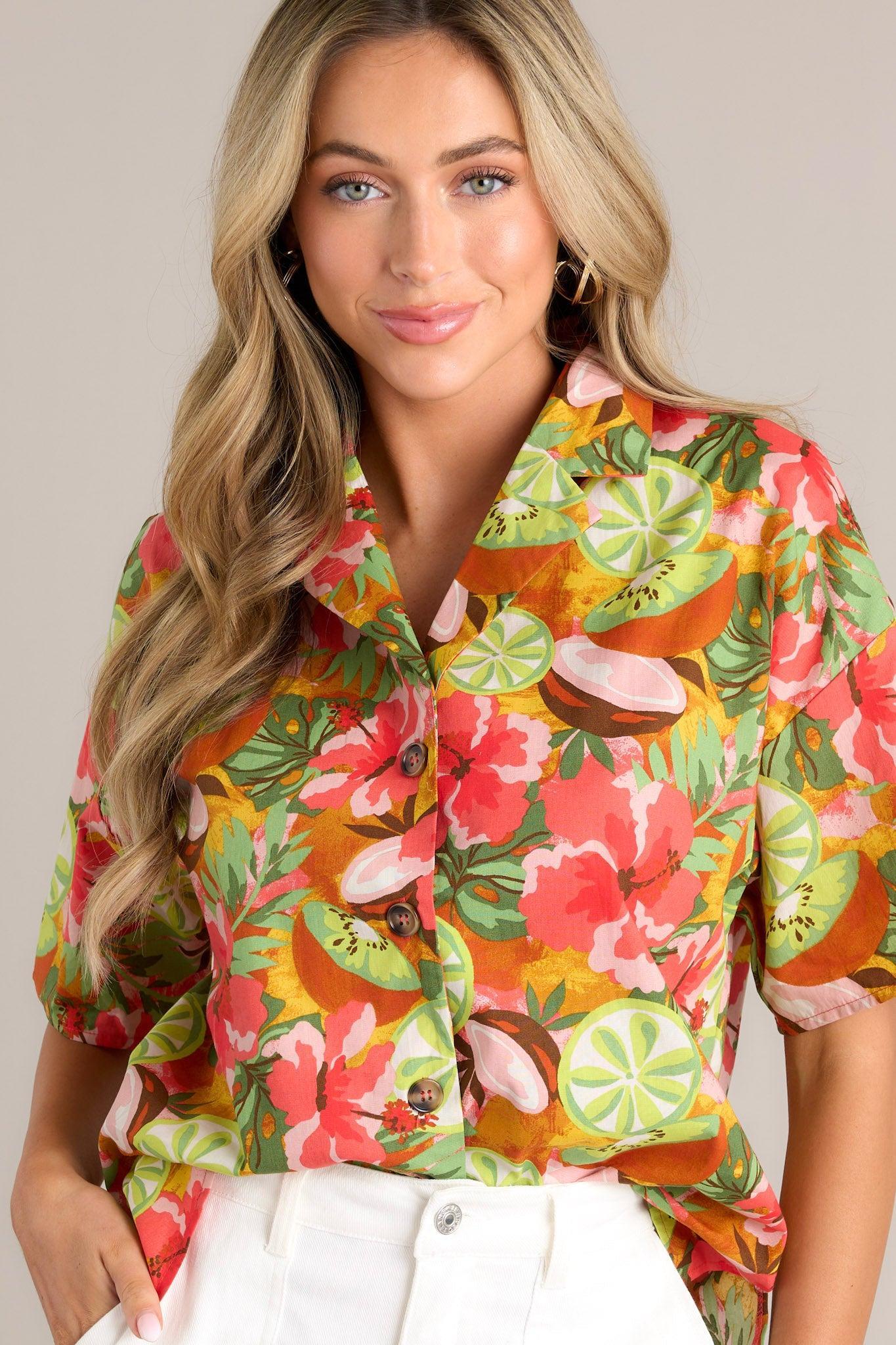 Lush Lime Oasis Dark Coral Tropical Print Top Product Image