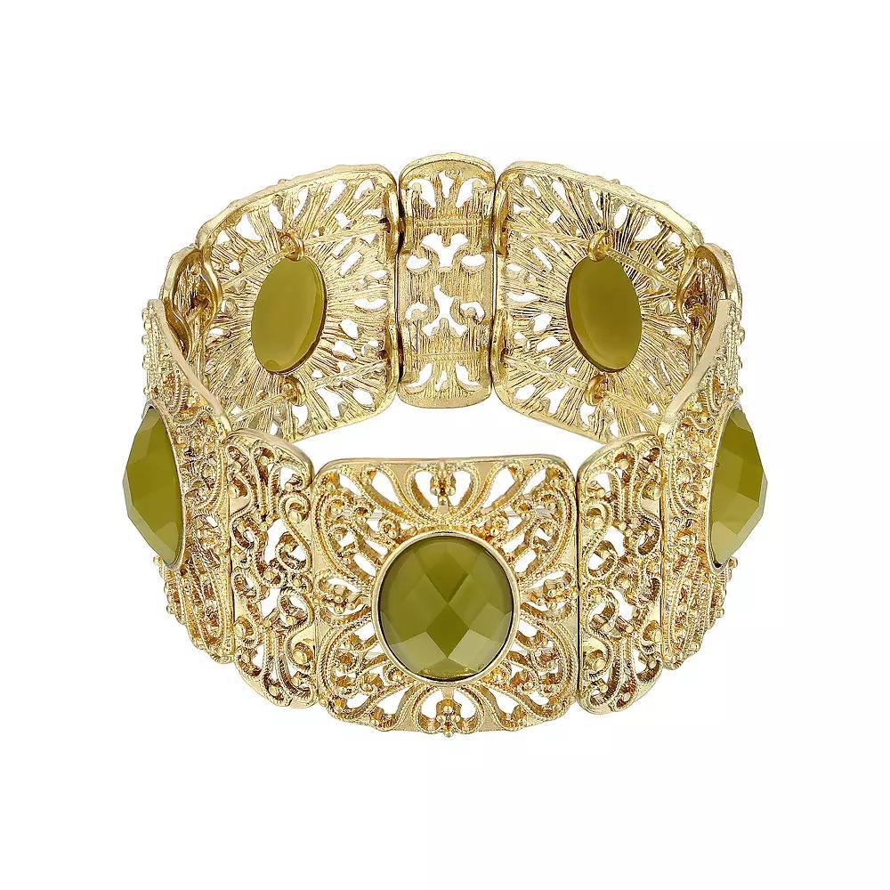 1928 Gold Tone Faceted Filigree Wide Stretch Bracelet, Womens, Green Product Image