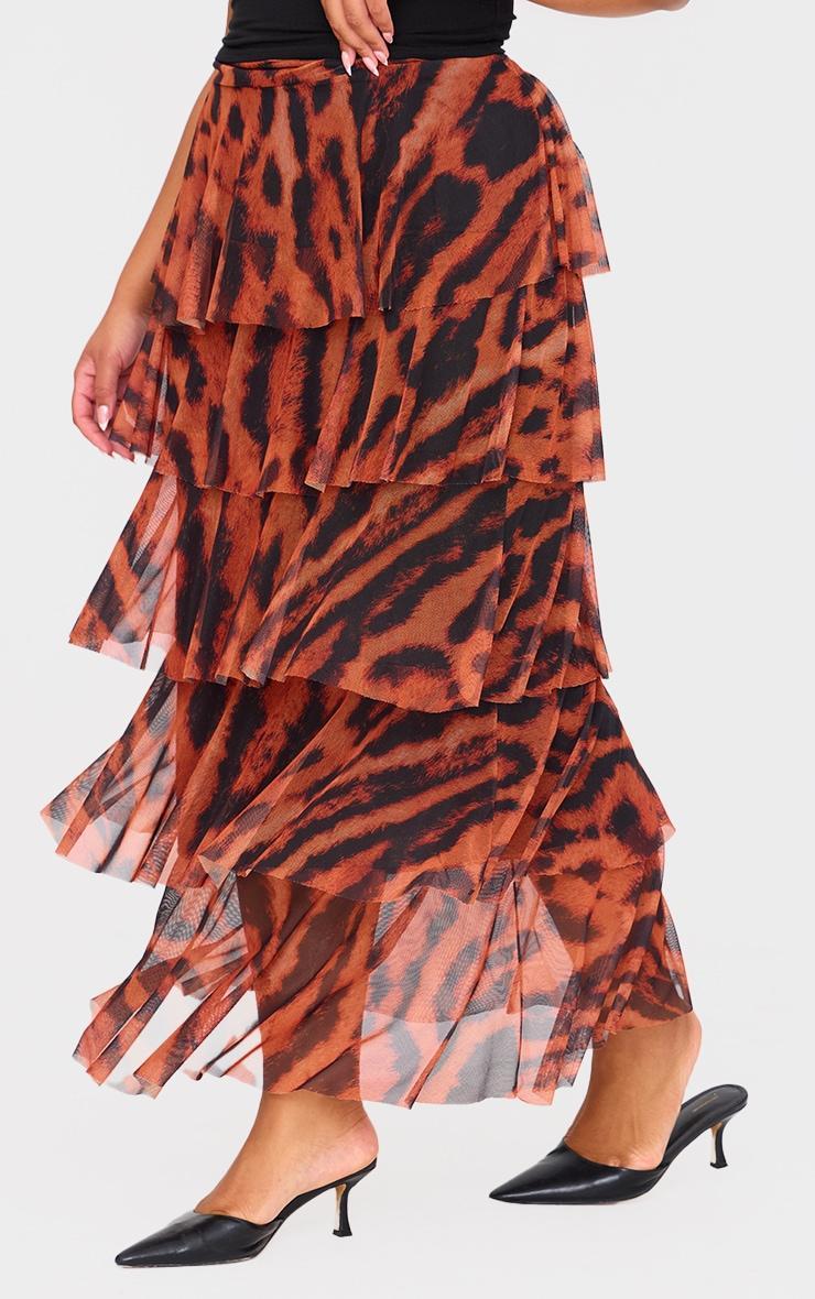 Plus Brown Animal Printed Mesh Rara Maxi Skirt Product Image
