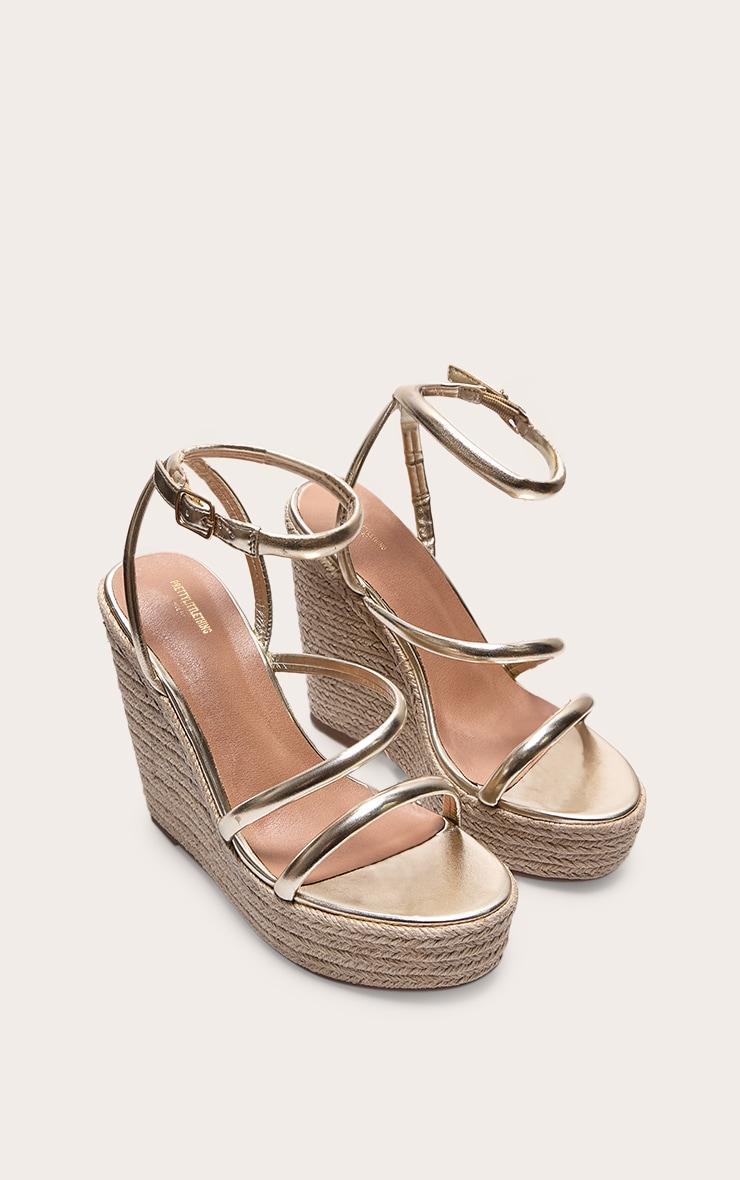 Gold Wide Fit PU Round Toe Asymmetric Strap Platform Heeled Wedges Product Image