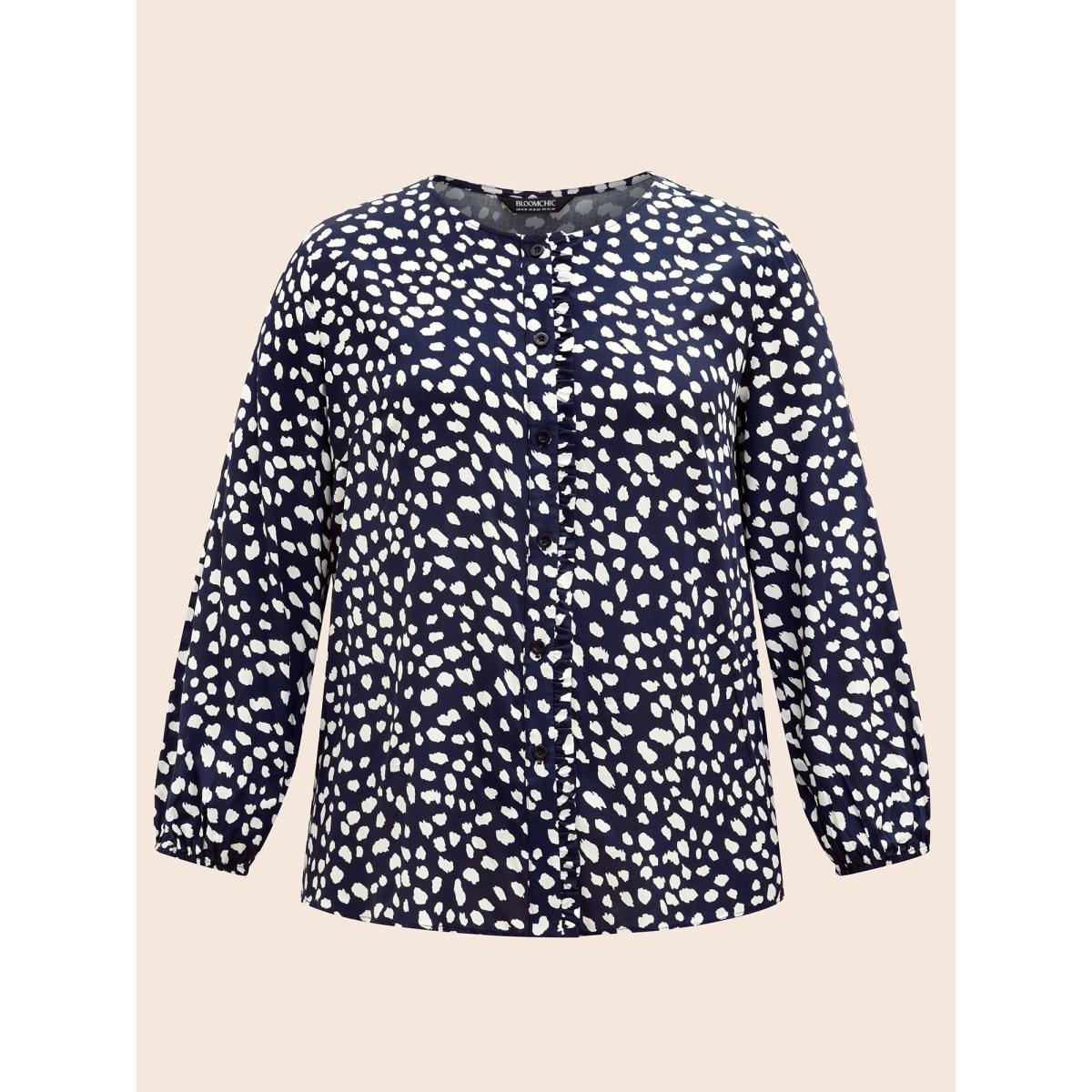 Plus Size Indigo Leopard Print Ruffles Lantern Sleeve Blouse Women Elegant Long Sleeve Round Neck Everyday Blouses BloomChic 28/5X Product Image